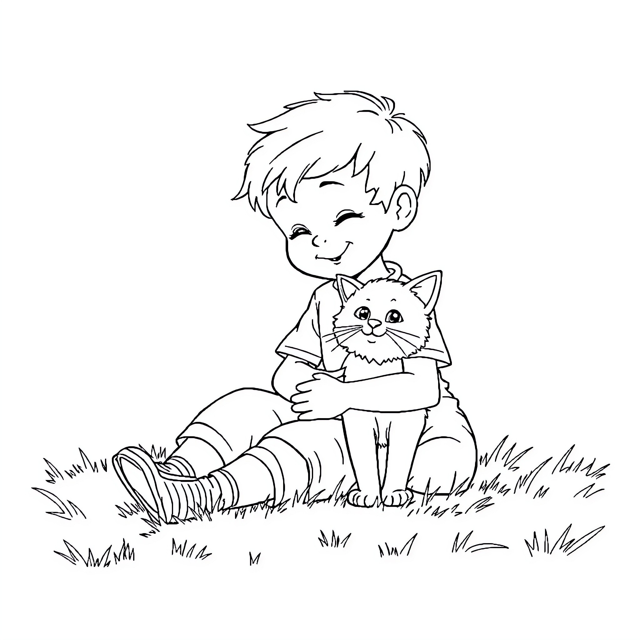 Boy playing with his pet kitten in the grass Coloring Page (free black-and-white line drawing printable PDF for all, from beginners to advanced learners, including children, teens, adults, and seniors)