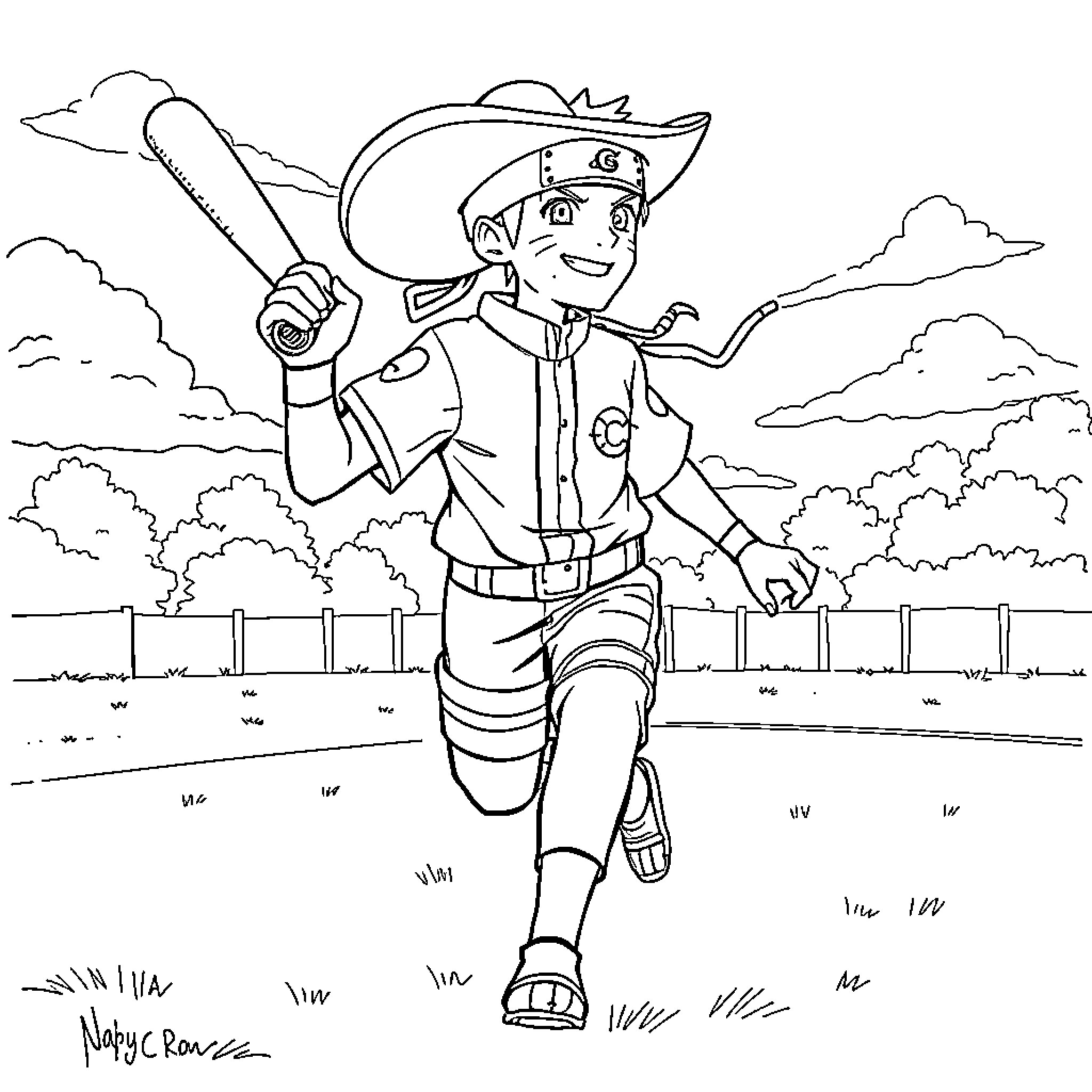Naruto Playing Baseball in the Countryside Coloring Page (free black-and-white line drawing printable PDF for all, from beginners to advanced learners, including children, teens, adults, and seniors)