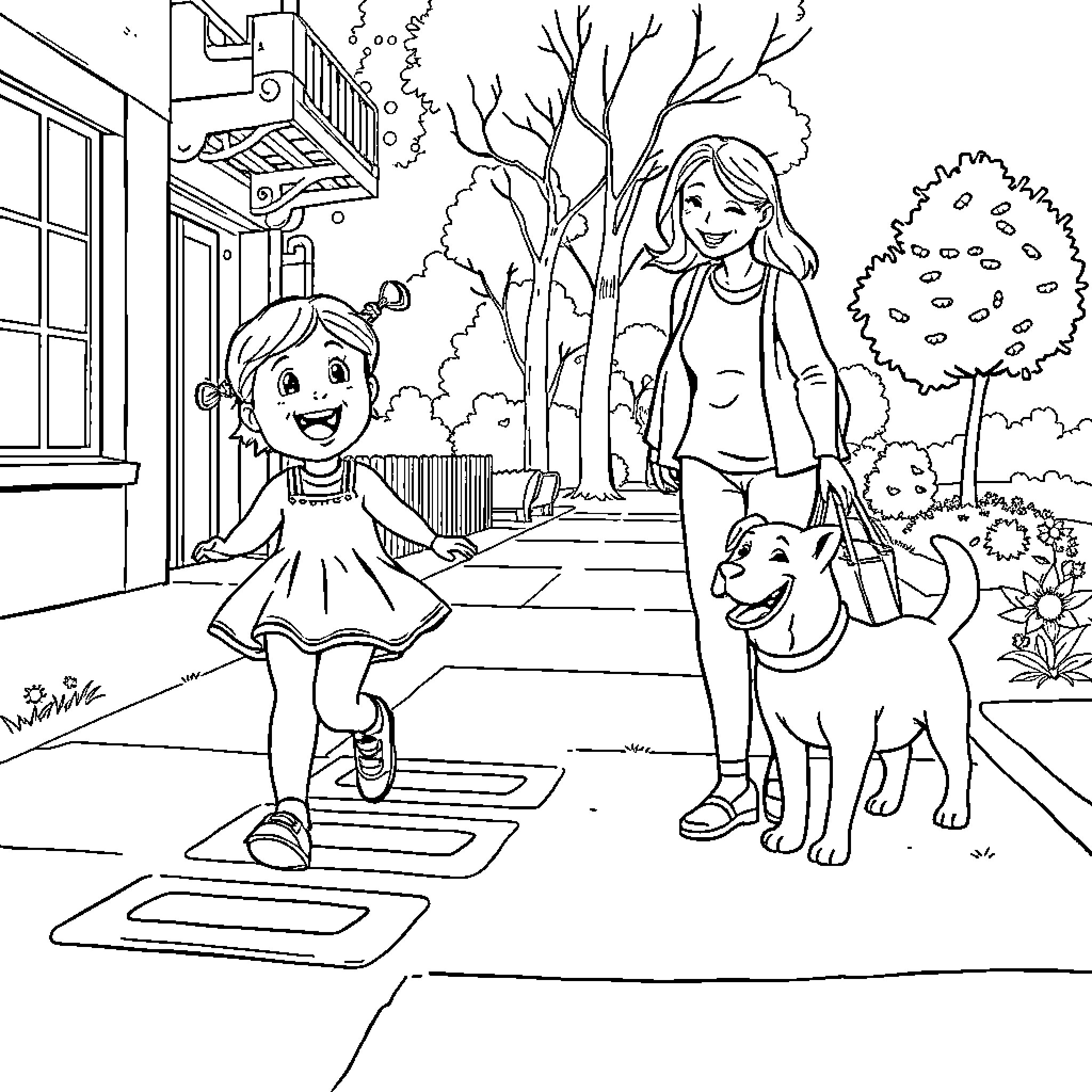 Girl and Her Dog Enjoying Outdoor Adventure Coloring Page (free black-and-white line drawing printable PDF for all, from beginners to advanced learners, including children, teens, adults, and seniors)
