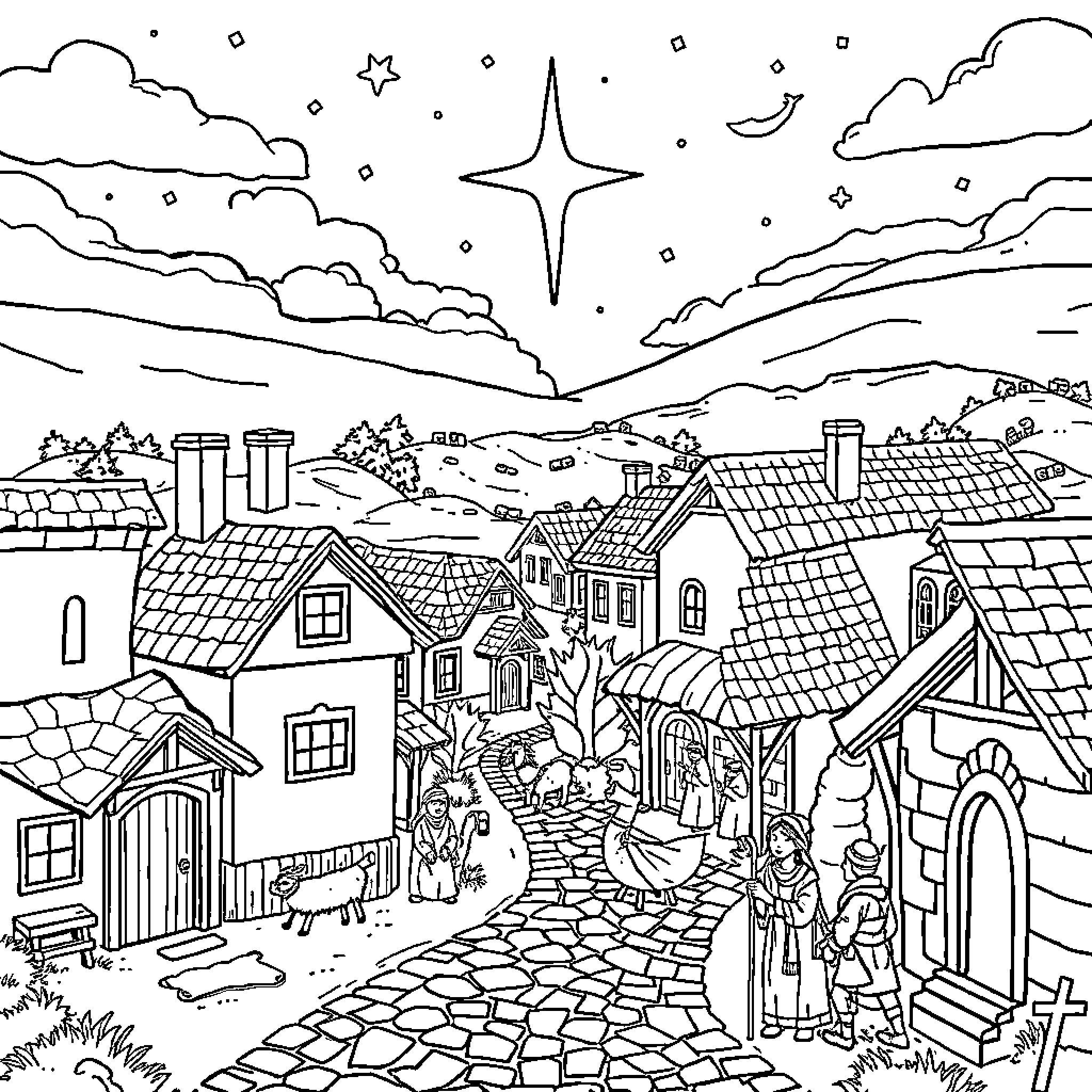 Bethlehem: A Quaint Village Scene with Festive Celebrations Coloring Page (free black-and-white line drawing printable PDF for all, from beginners to advanced learners, including children, teens, adults, and seniors)