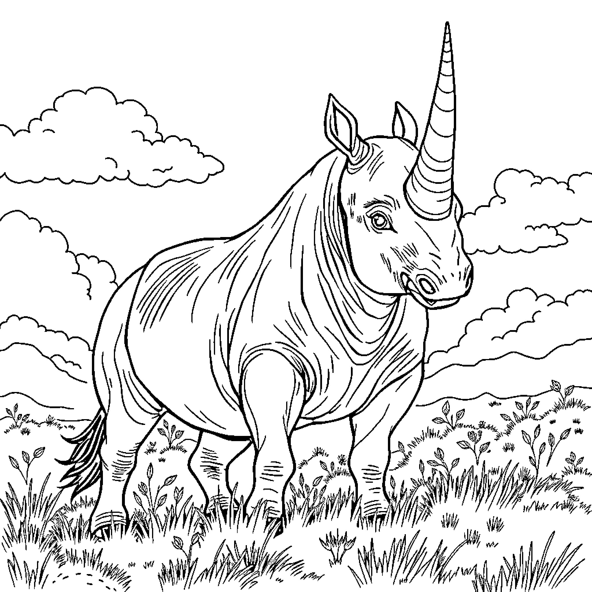 Rhinoceros standing majestically in a grassy field Coloring Page (free black-and-white line drawing printable PDF for all, from beginners to advanced learners, including children, teens, adults, and seniors)
