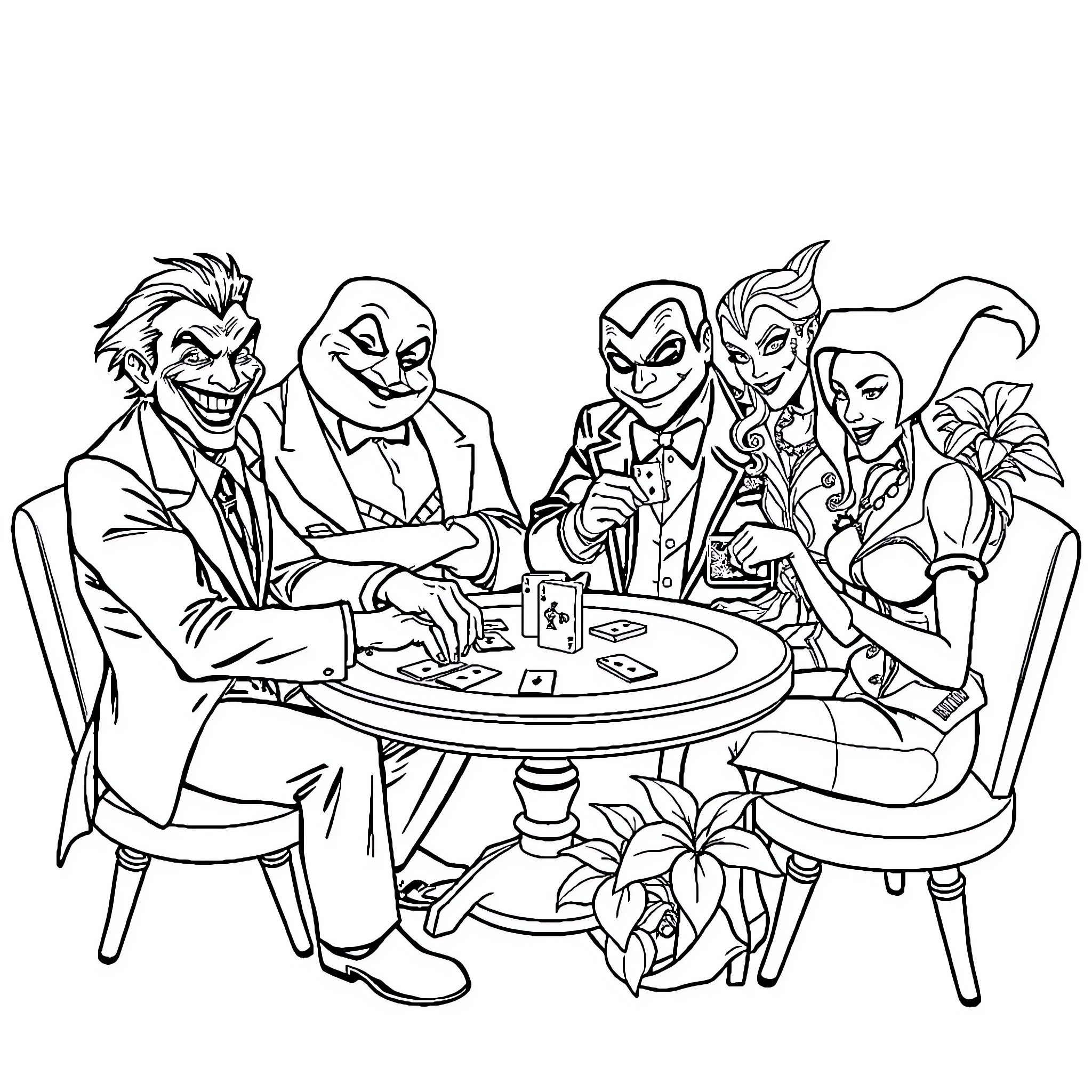 Character group playing cards at table Coloring Page (free black-and-white line drawing printable PDF for all, from beginners to advanced learners, including children, teens, adults, and seniors)