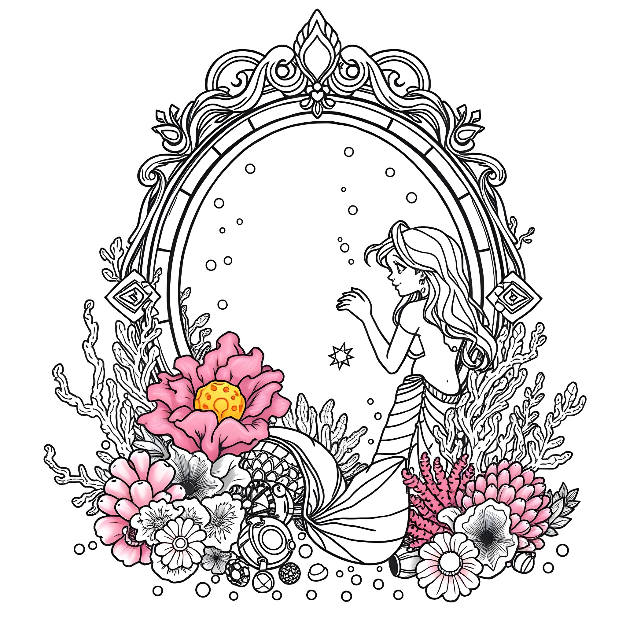Mermaid surrounded by flowers and underwater scene Coloring Page (free black-and-white line drawing printable PDF for all, from beginners to advanced learners, including children, teens, adults, and seniors)