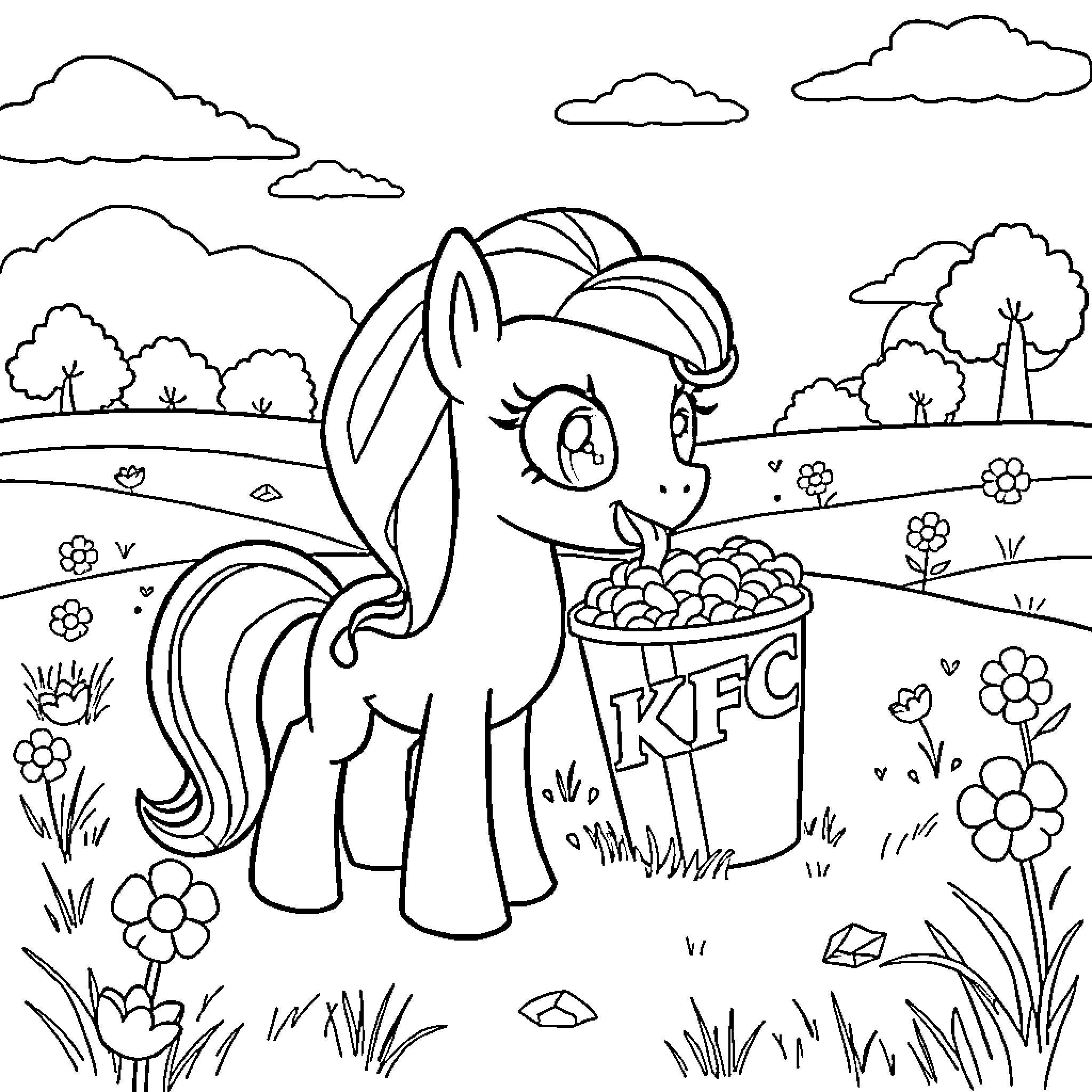 Pony eating treats in a flowery field Coloring Page (free black-and-white line drawing printable PDF for all, from beginners to advanced learners, including children, teens, adults, and seniors)