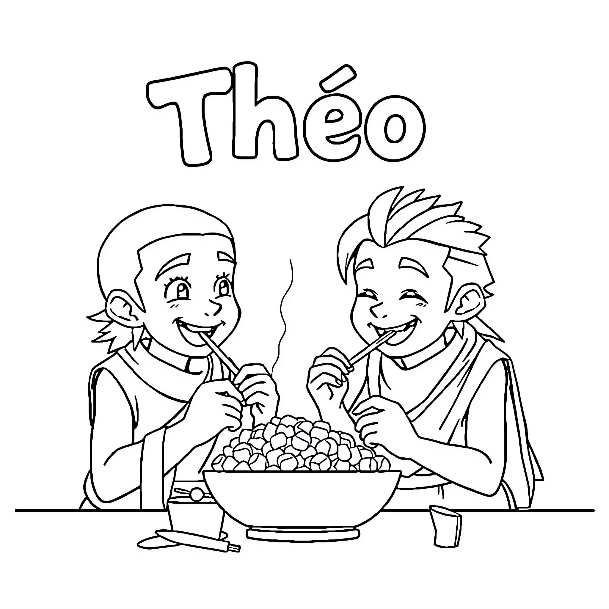 Son Goten and friend enjoy a snack together Coloring Page (free black-and-white line drawing printable PDF for all, from beginners to advanced learners, including children, teens, adults, and seniors)