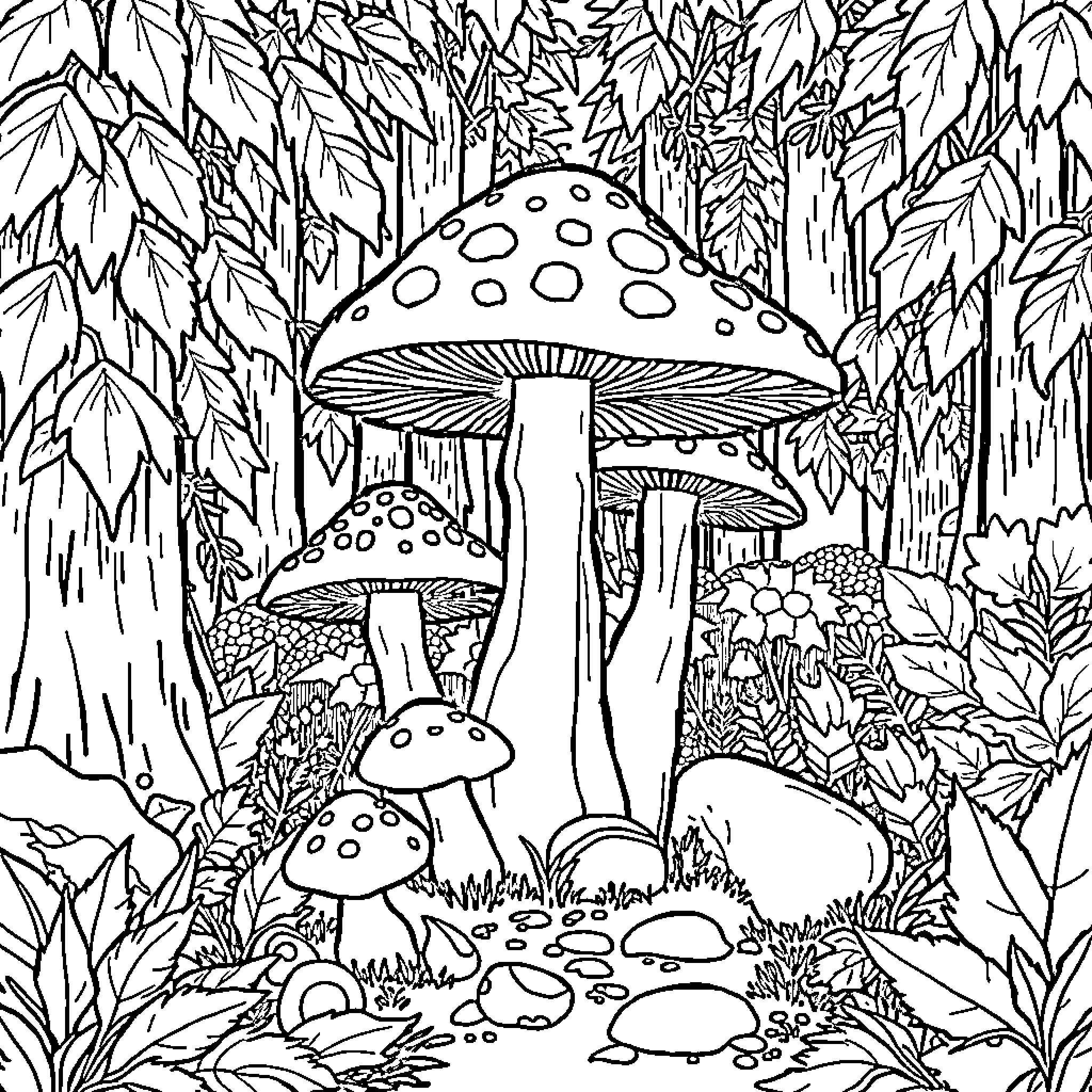 Mushroom forest with whimsical fungi Coloring Page (free black-and-white line drawing printable PDF for all, from beginners to advanced learners, including children, teens, adults, and seniors)