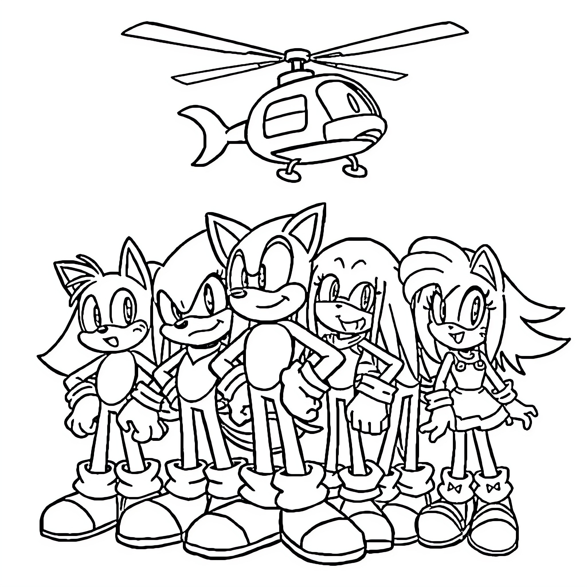 Sonic characters in action poses with helicopter Coloring Page (free black-and-white line drawing printable PDF for all, from beginners to advanced learners, including children, teens, adults, and seniors)