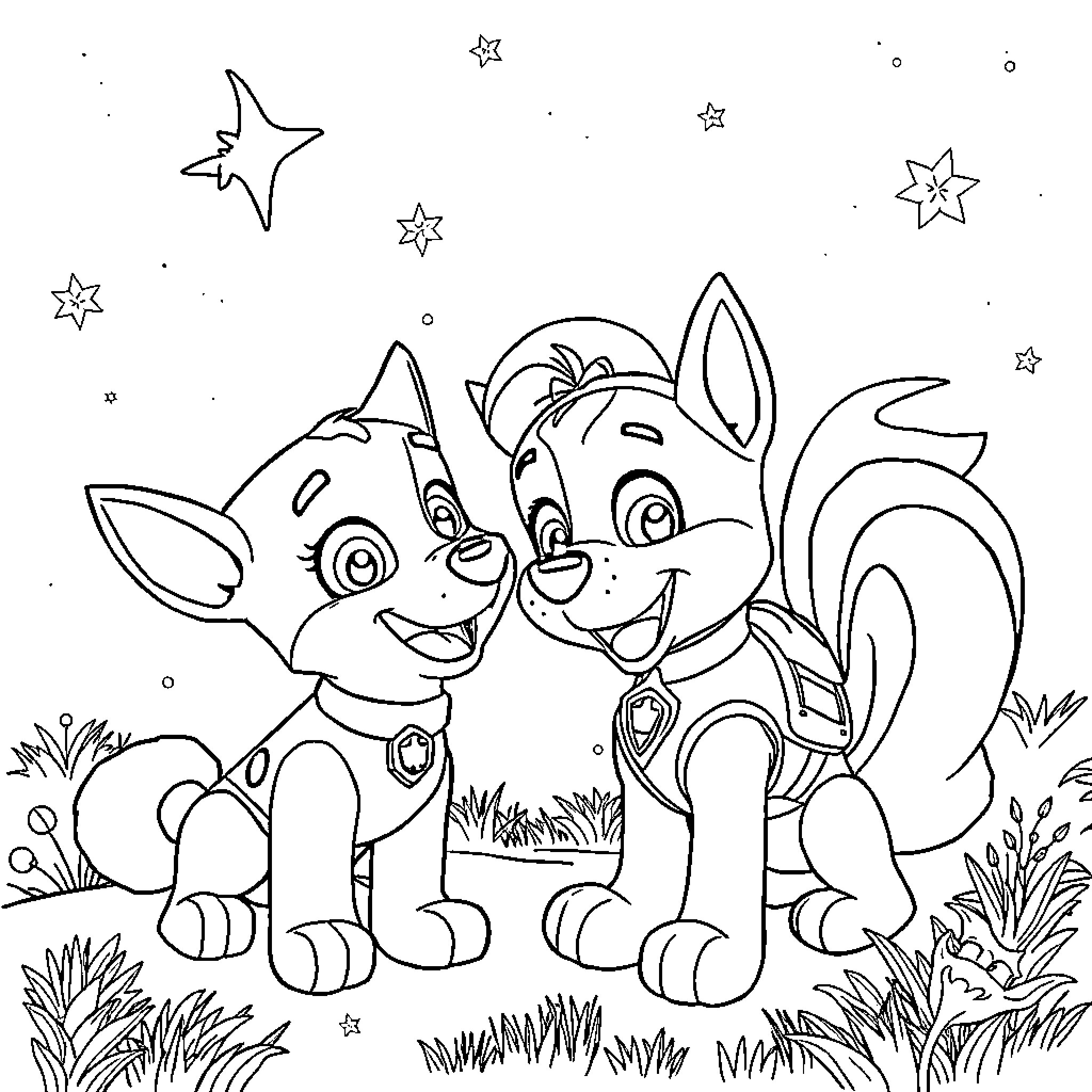 Chase of Playful Puppies in Starry Night Coloring Page (free black-and-white line drawing printable PDF for all, from beginners to advanced learners, including children, teens, adults, and seniors)