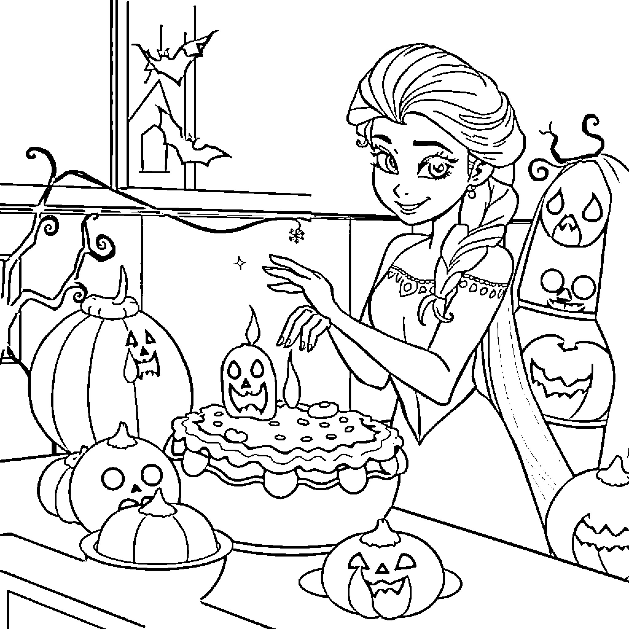 Elsa's Spooky Halloween Celebration Coloring Page (free black-and-white line drawing printable PDF for all, from beginners to advanced learners, including children, teens, adults, and seniors)