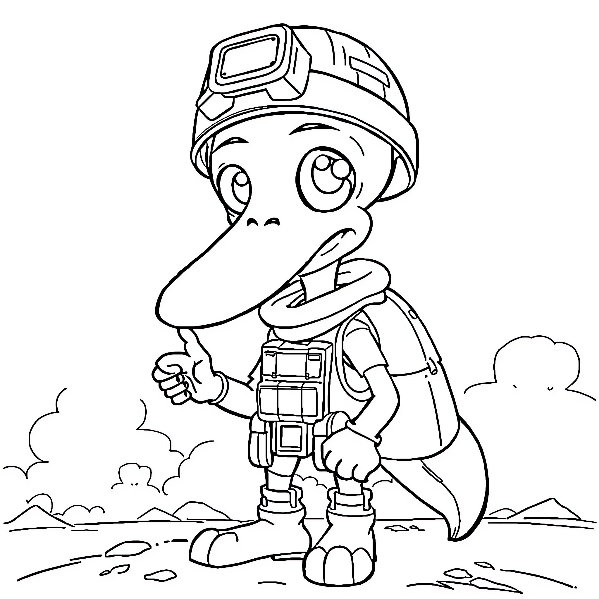 Squid worker exploring the landscape Coloring Page (free black-and-white line drawing printable PDF for all, from beginners to advanced learners, including children, teens, adults, and seniors)