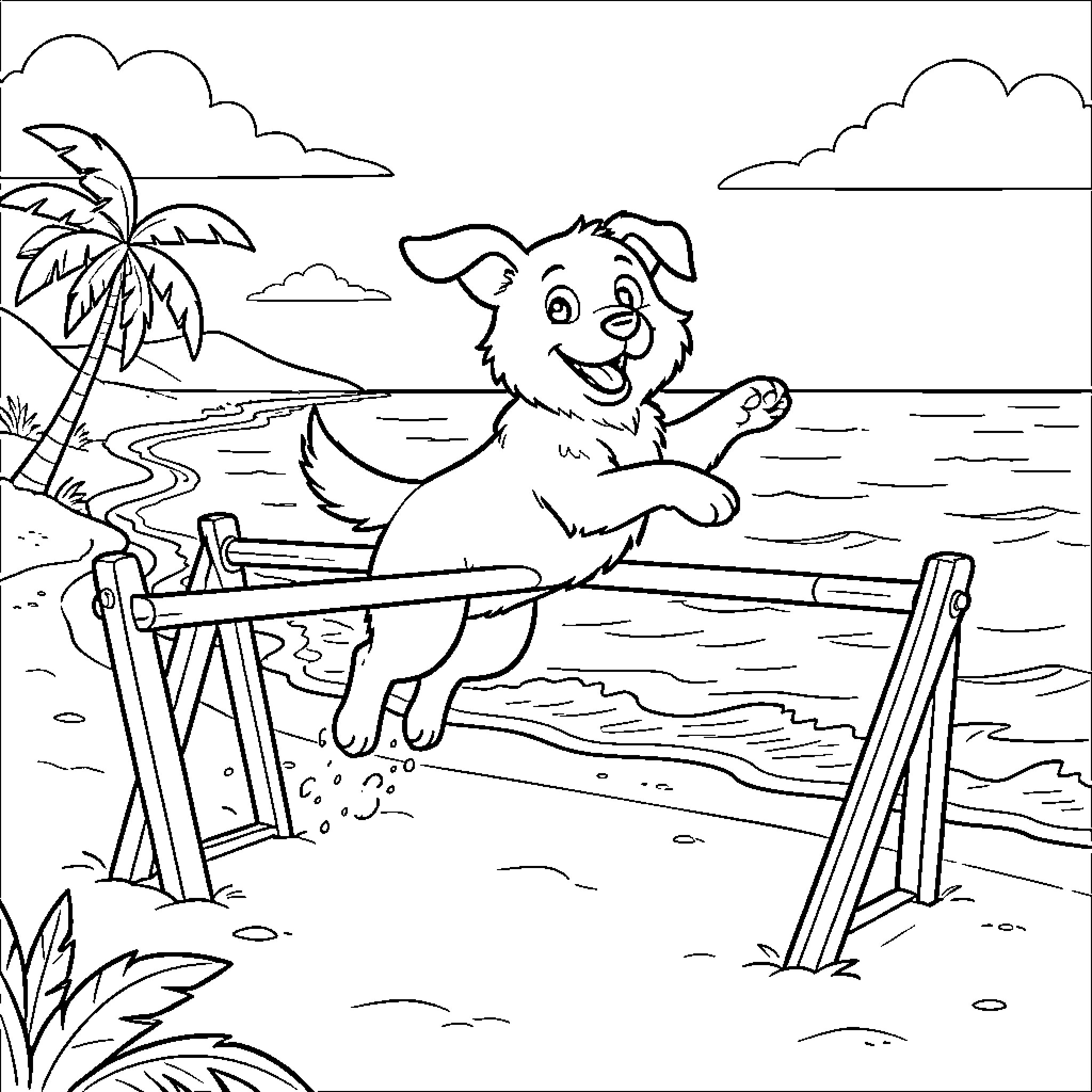 Perro jugando alegremente en la playa Coloring Page (free black-and-white line drawing printable PDF for all, from beginners to advanced learners, including children, teens, adults, and seniors)