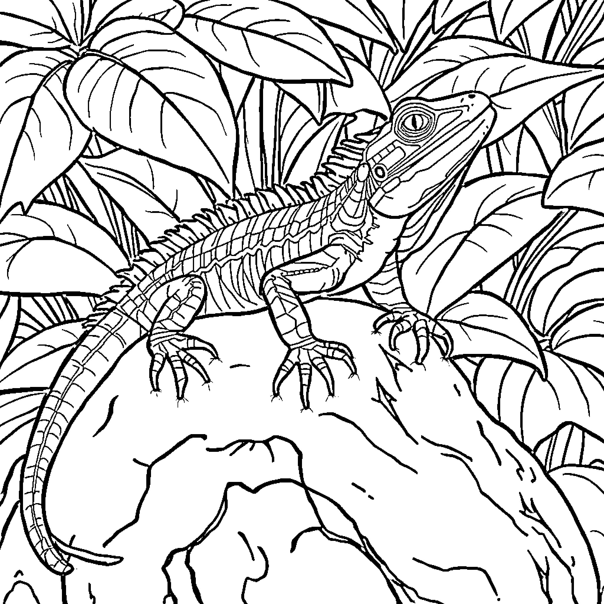 Lizard exploring lush tropical foliage Coloring Page (free black-and-white line drawing printable PDF for all, from beginners to advanced learners, including children, teens, adults, and seniors)