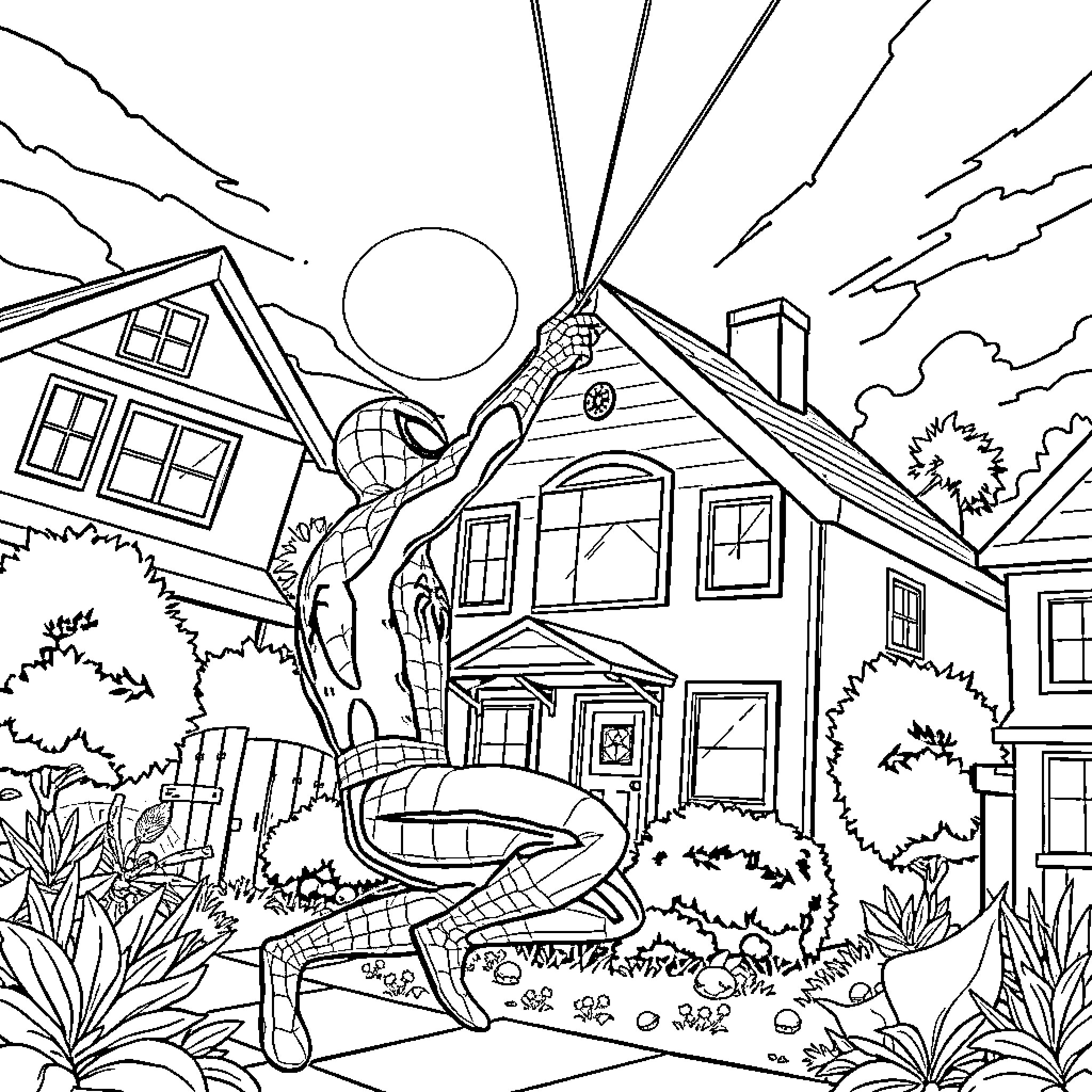 Spiderman swinging through a suburban neighborhood Coloring Page (free black-and-white line drawing printable PDF for all, from beginners to advanced learners, including children, teens, adults, and seniors)