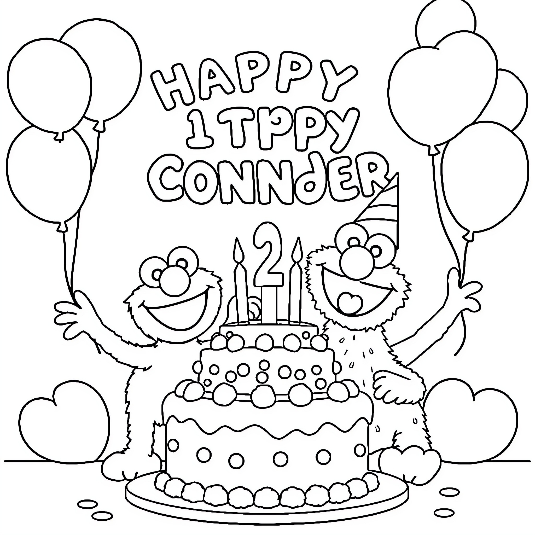 Sesame Street characters celebrate a birthday party Coloring Page (free black-and-white line drawing printable PDF for all, from beginners to advanced learners, including children, teens, adults, and seniors)
