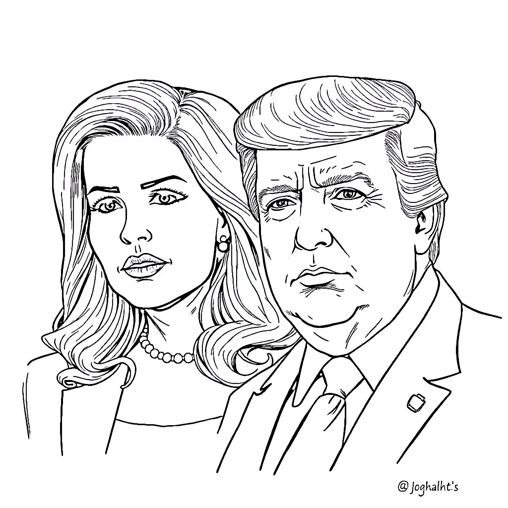 Donald Trump and Melania Trump in formal attire Coloring Page (free black-and-white line drawing printable PDF for all, from beginners to advanced learners, including children, teens, adults, and seniors)