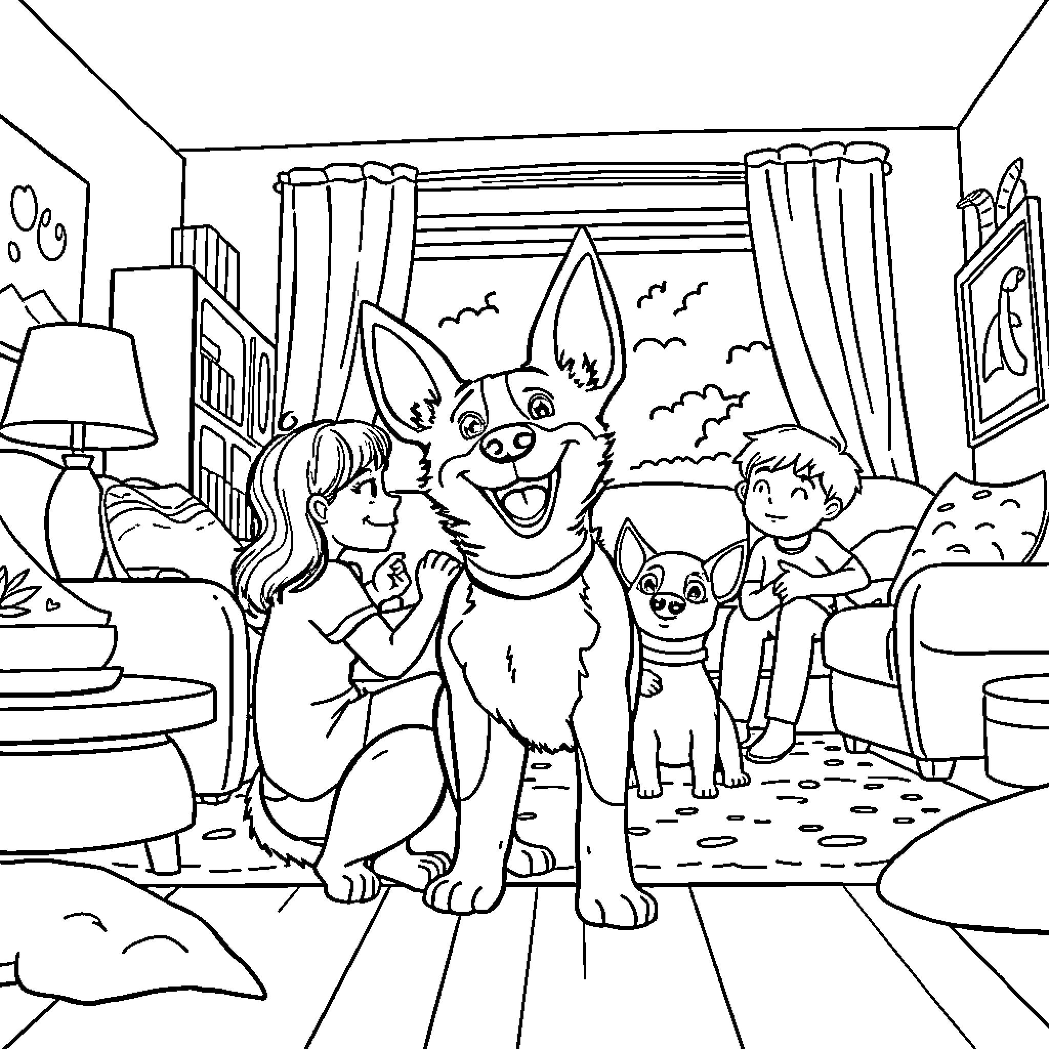 Bluey's Playful Family Adventure in the Living Room Coloring Page (free black-and-white line drawing printable PDF for all, from beginners to advanced learners, including children, teens, adults, and seniors)