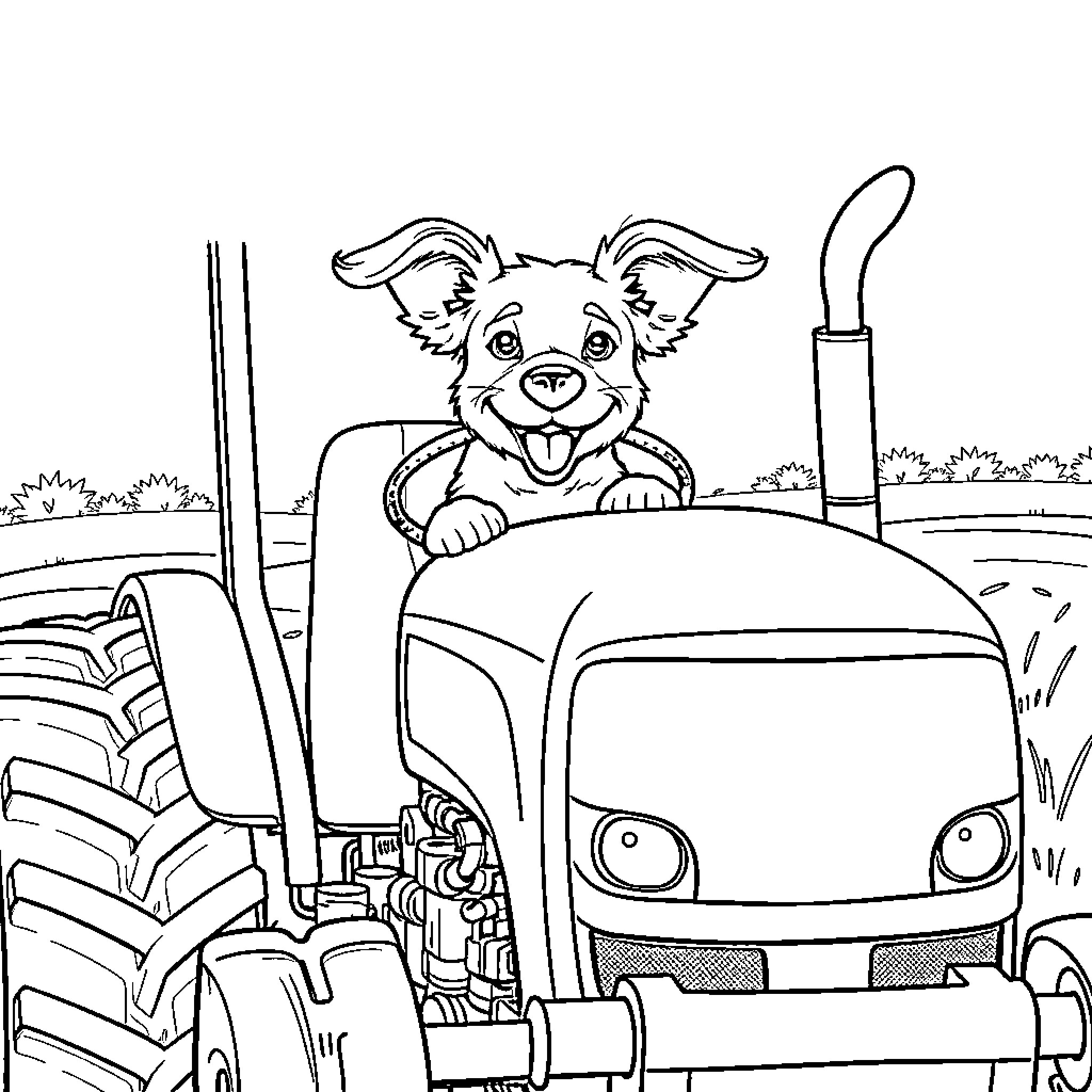 Dog driving tractor happily on the farm Coloring Page (free black-and-white line drawing printable PDF for all, from beginners to advanced learners, including children, teens, adults, and seniors)