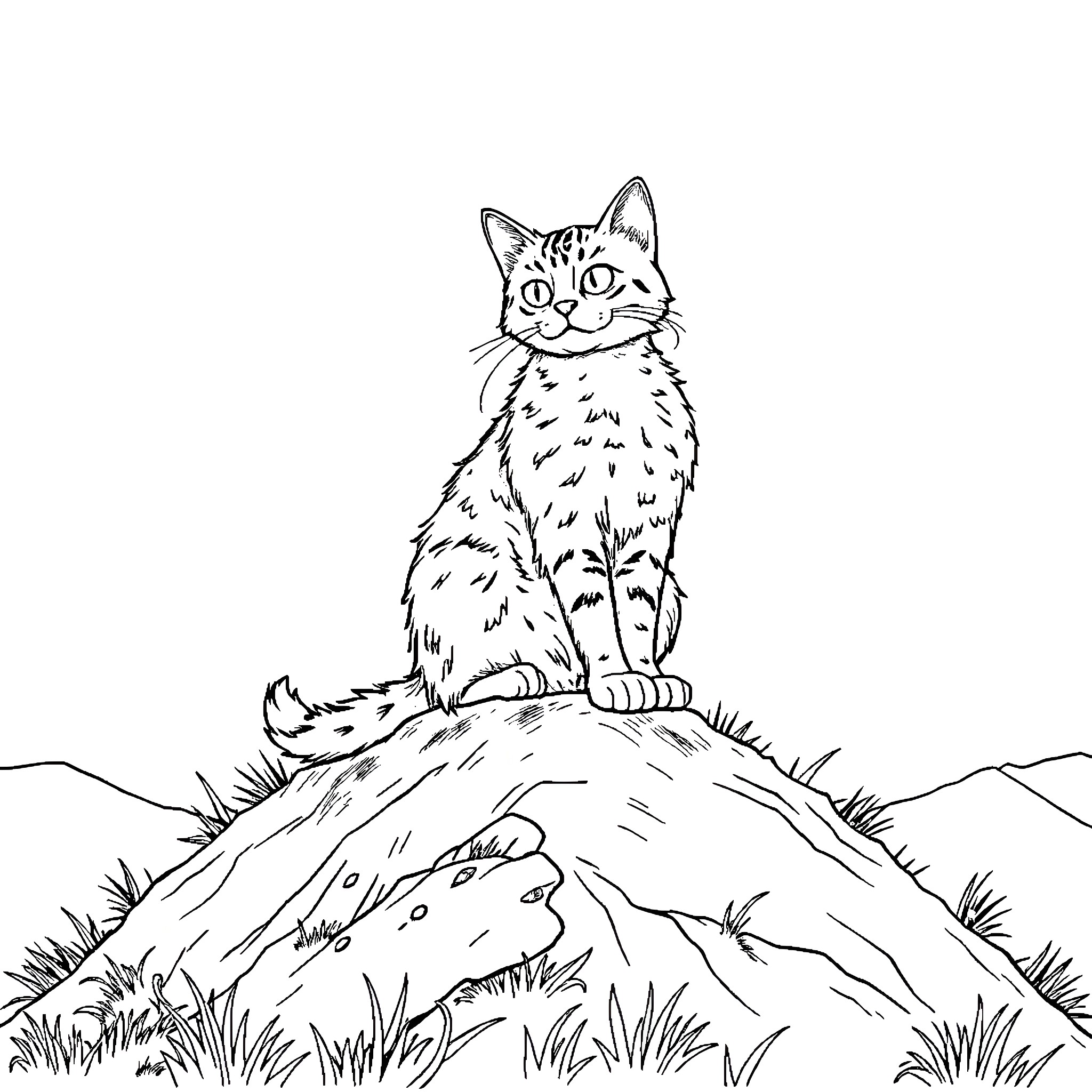 Tabby Cat Sitting Atop a Grassy Hillock Coloring Page (free black-and-white line drawing printable PDF for all, from beginners to advanced learners, including children, teens, adults, and seniors)