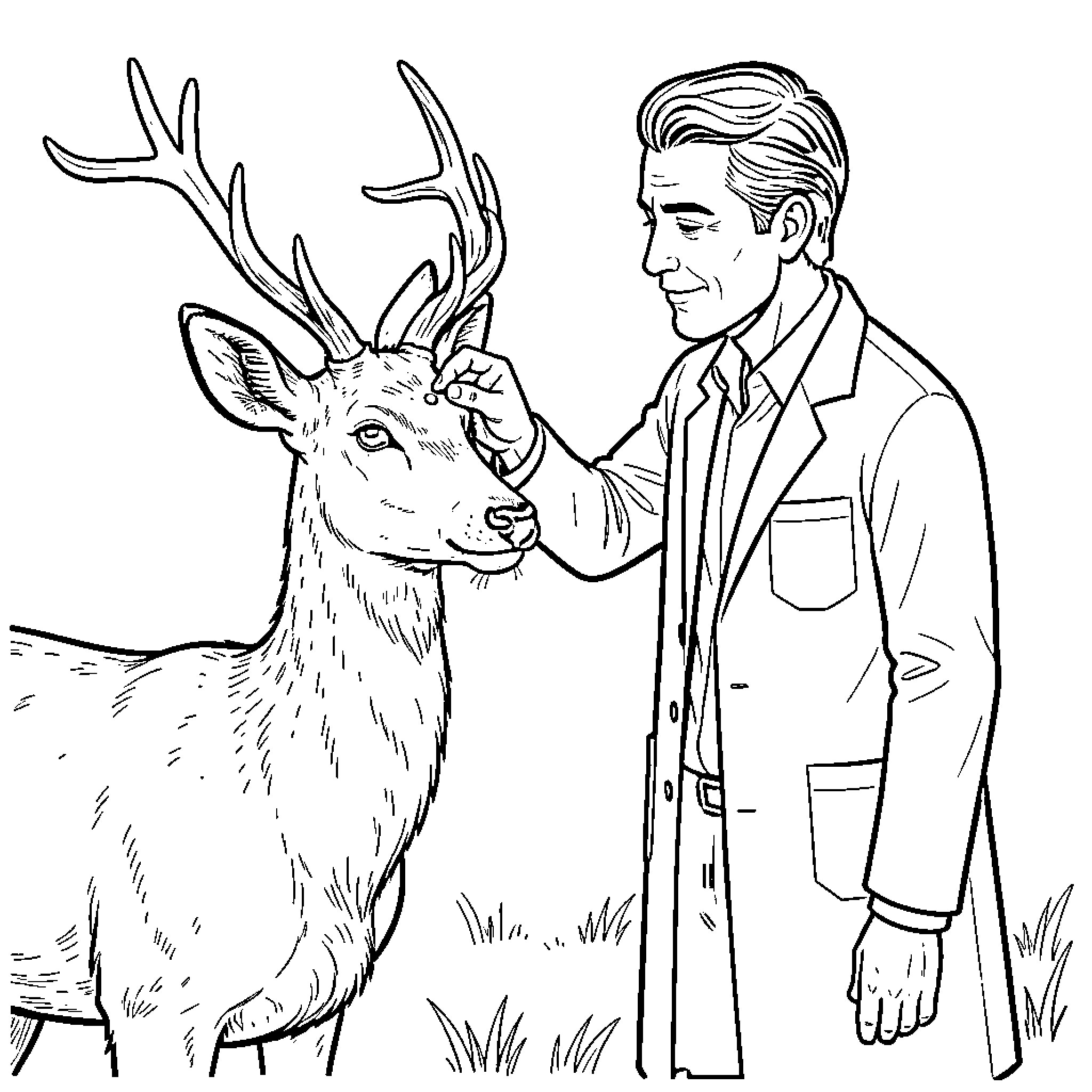 Doctor gently examining a deer in nature Coloring Page (free black-and-white line drawing printable PDF for all, from beginners to advanced learners, including children, teens, adults, and seniors)