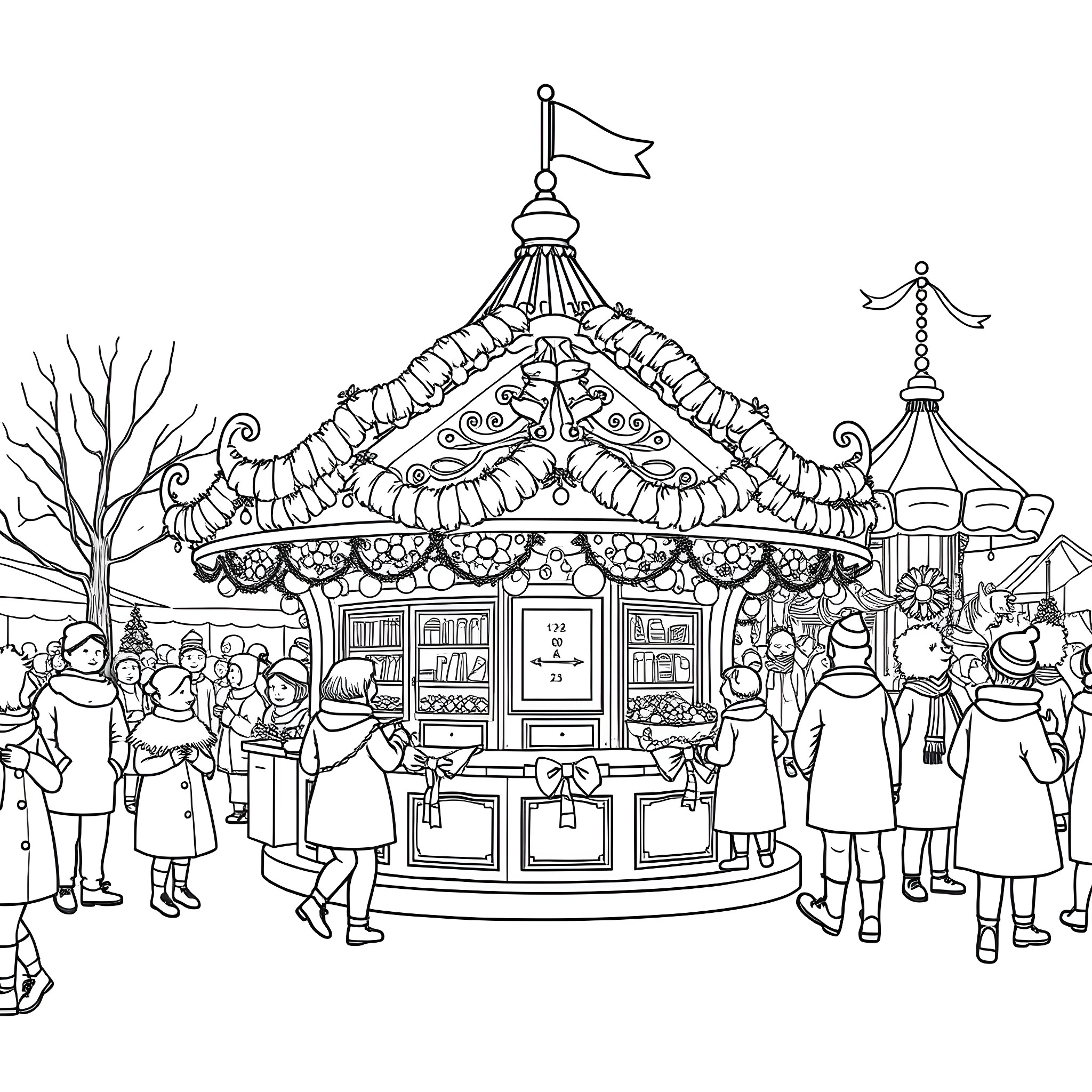 Christmas Market with Lively Crowd and Decorated Gazebo Coloring Page (free black-and-white line drawing printable PDF for all, from beginners to advanced learners, including children, teens, adults, and seniors)