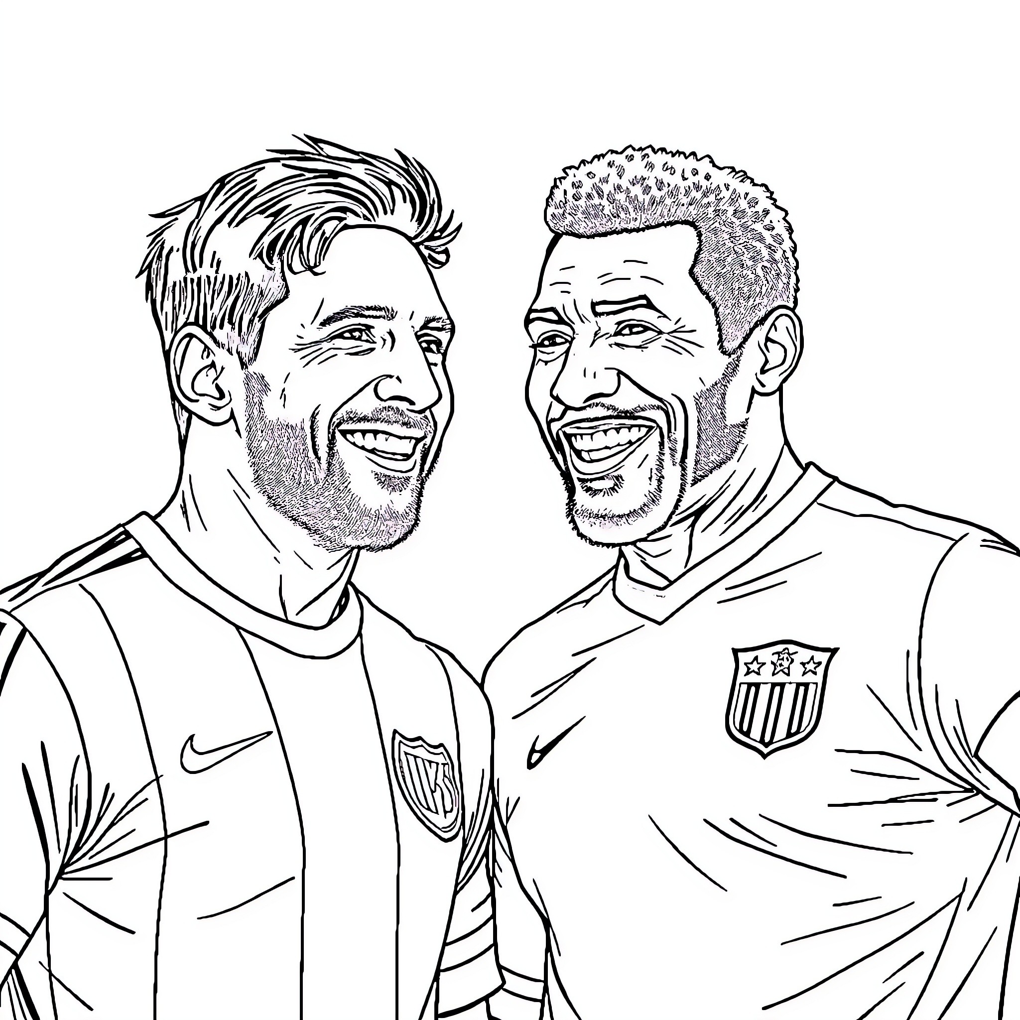 Messi and Teammates Celebrating in Uniform Coloring Page (free black-and-white line drawing printable PDF for all, from beginners to advanced learners, including children, teens, adults, and seniors)