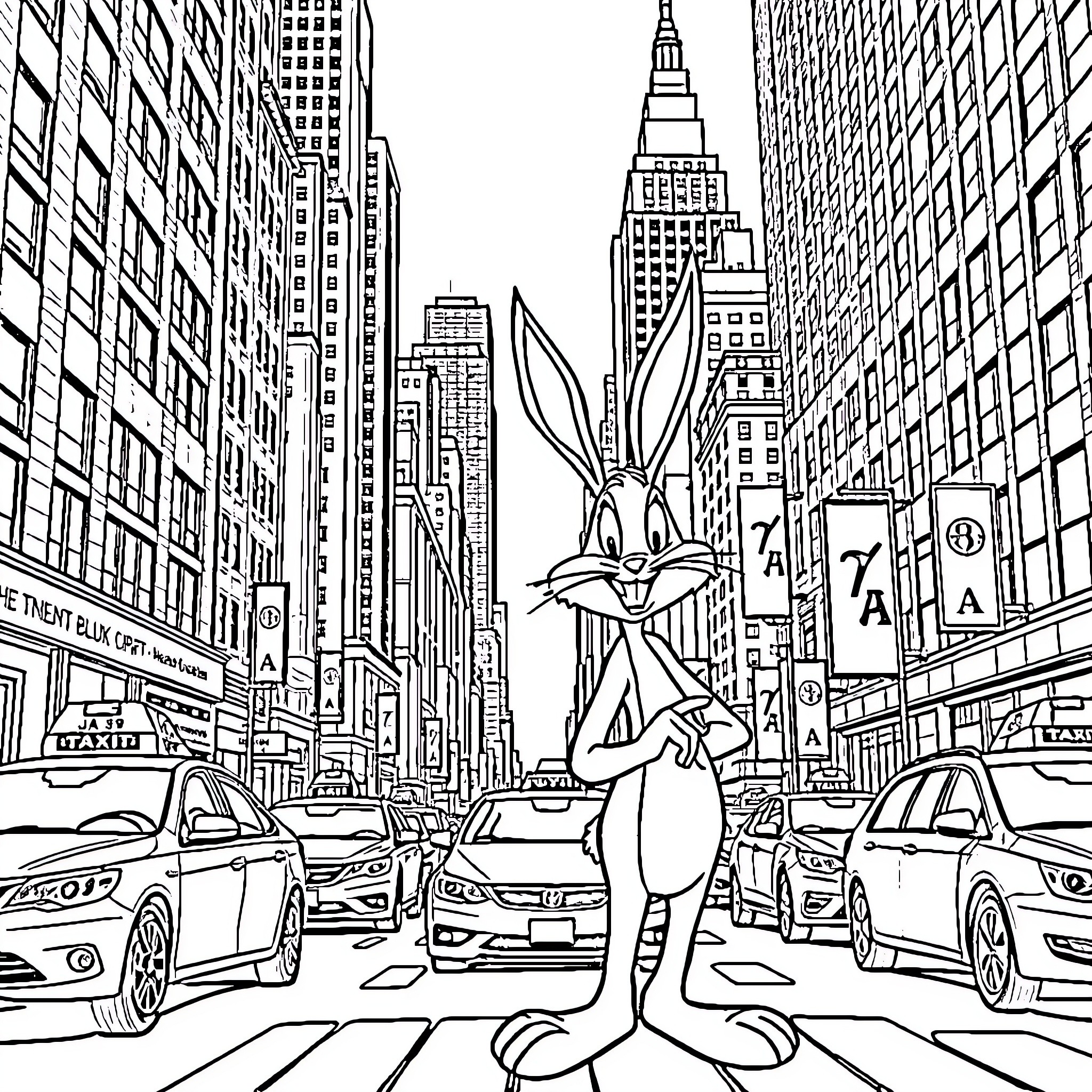 Bugs Bunny explores the bustling city streets Coloring Page (free black-and-white line drawing printable PDF for all, from beginners to advanced learners, including children, teens, adults, and seniors)