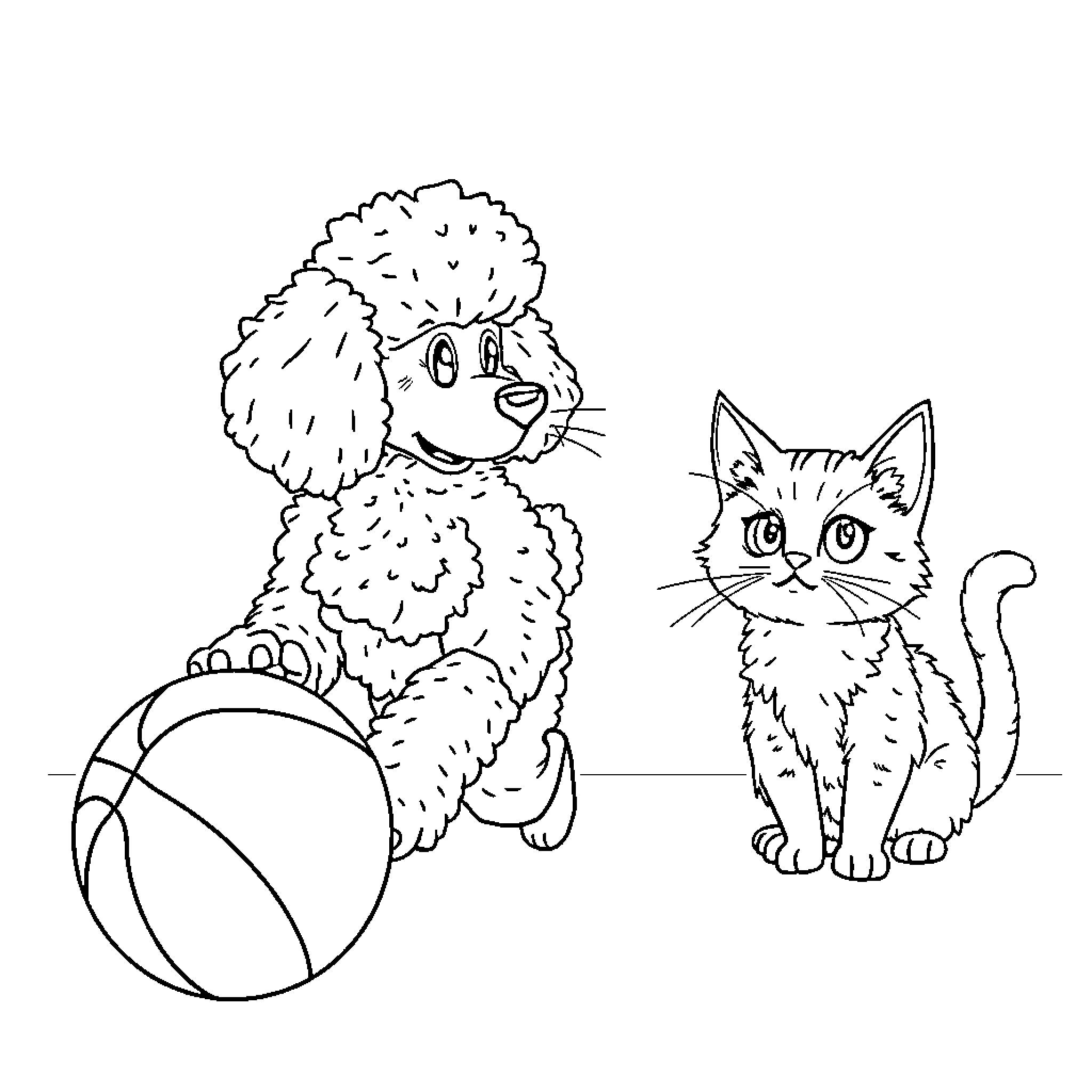 Poodle and kitten playing with ball Coloring Page (free black-and-white line drawing printable PDF for all, from beginners to advanced learners, including children, teens, adults, and seniors)