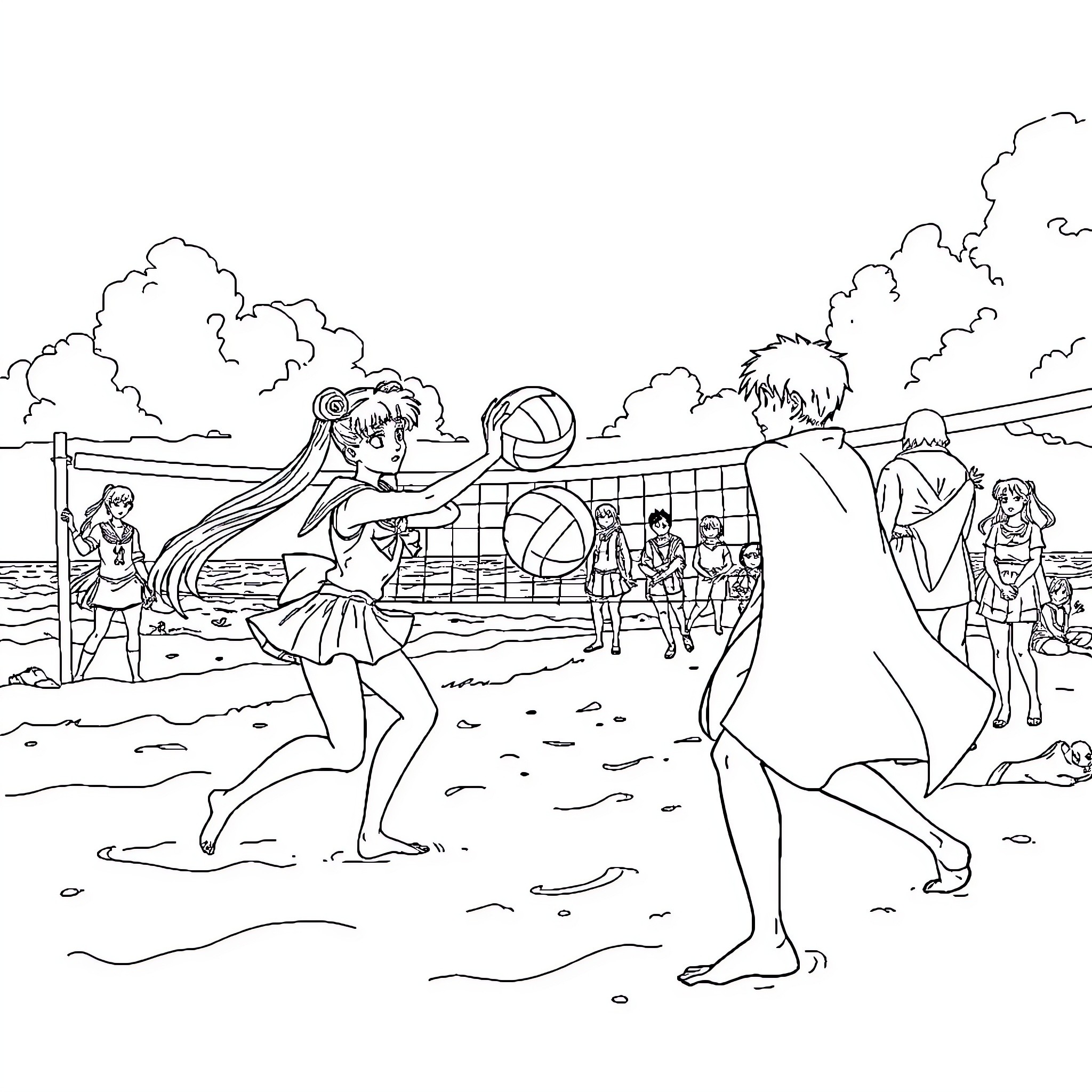 Sailor Moon characters playing volleyball on the beach Coloring Page (free black-and-white line drawing printable PDF for all, from beginners to advanced learners, including children, teens, adults, and seniors)