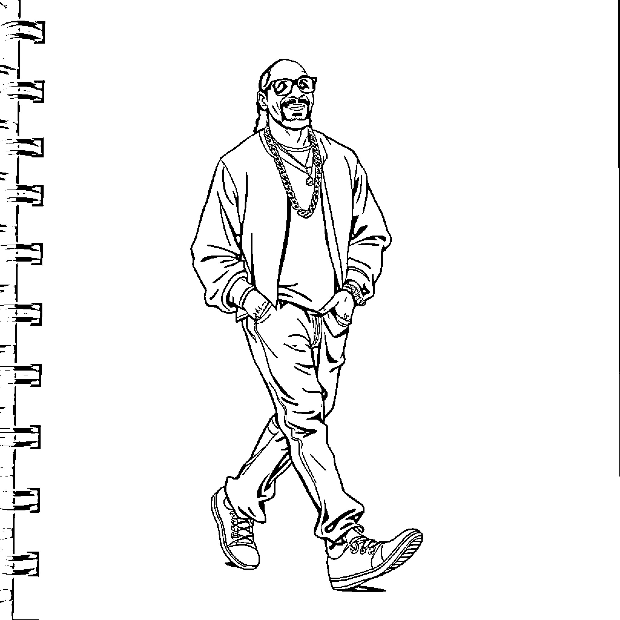 Snoop Dog strolling with cool attitude Coloring Page (free black-and-white line drawing printable PDF for all, from beginners to advanced learners, including children, teens, adults, and seniors)