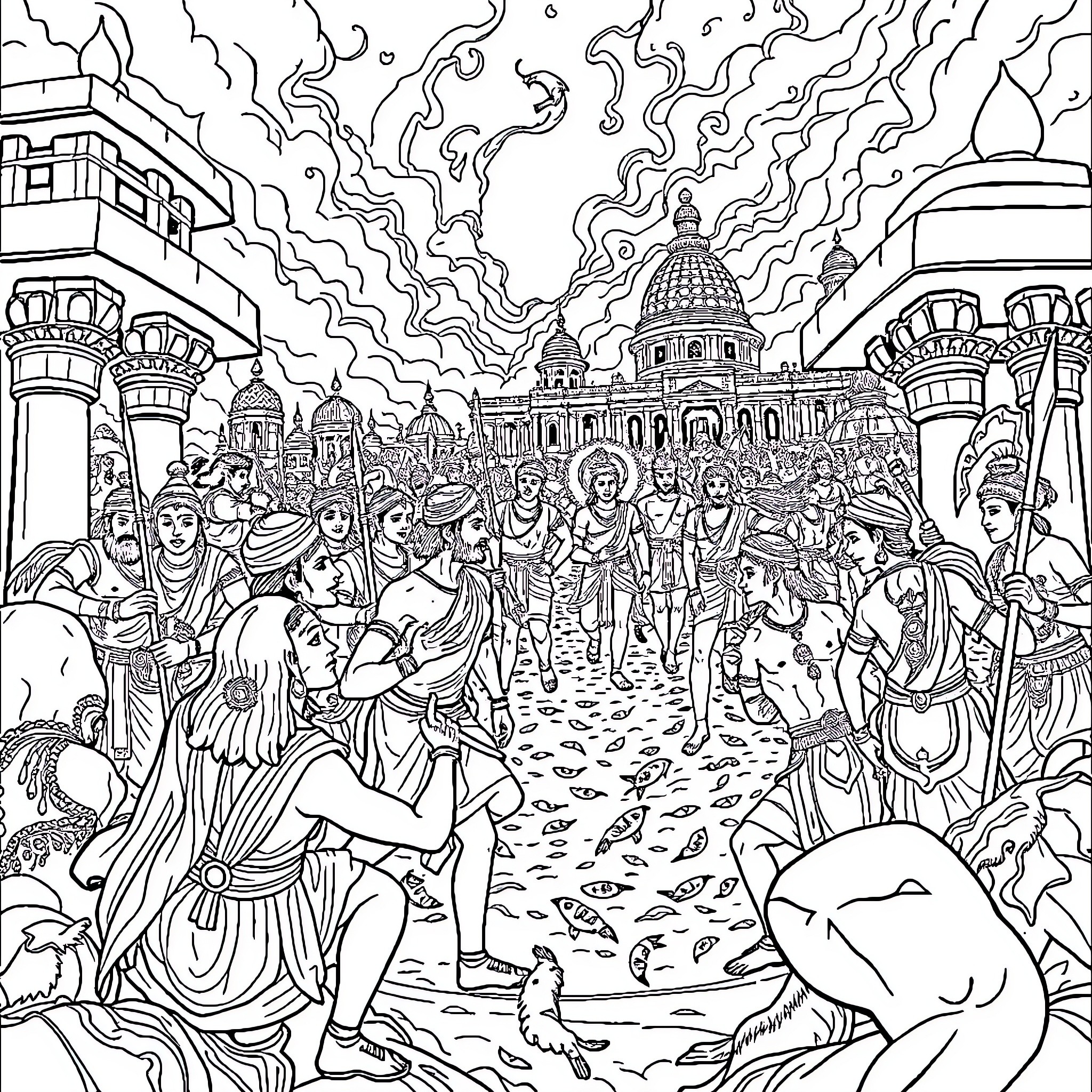 Mahabharat: Epic Battle Amidst Ornate Structures Coloring Page (free black-and-white line drawing printable PDF for all, from beginners to advanced learners, including children, teens, adults, and seniors)