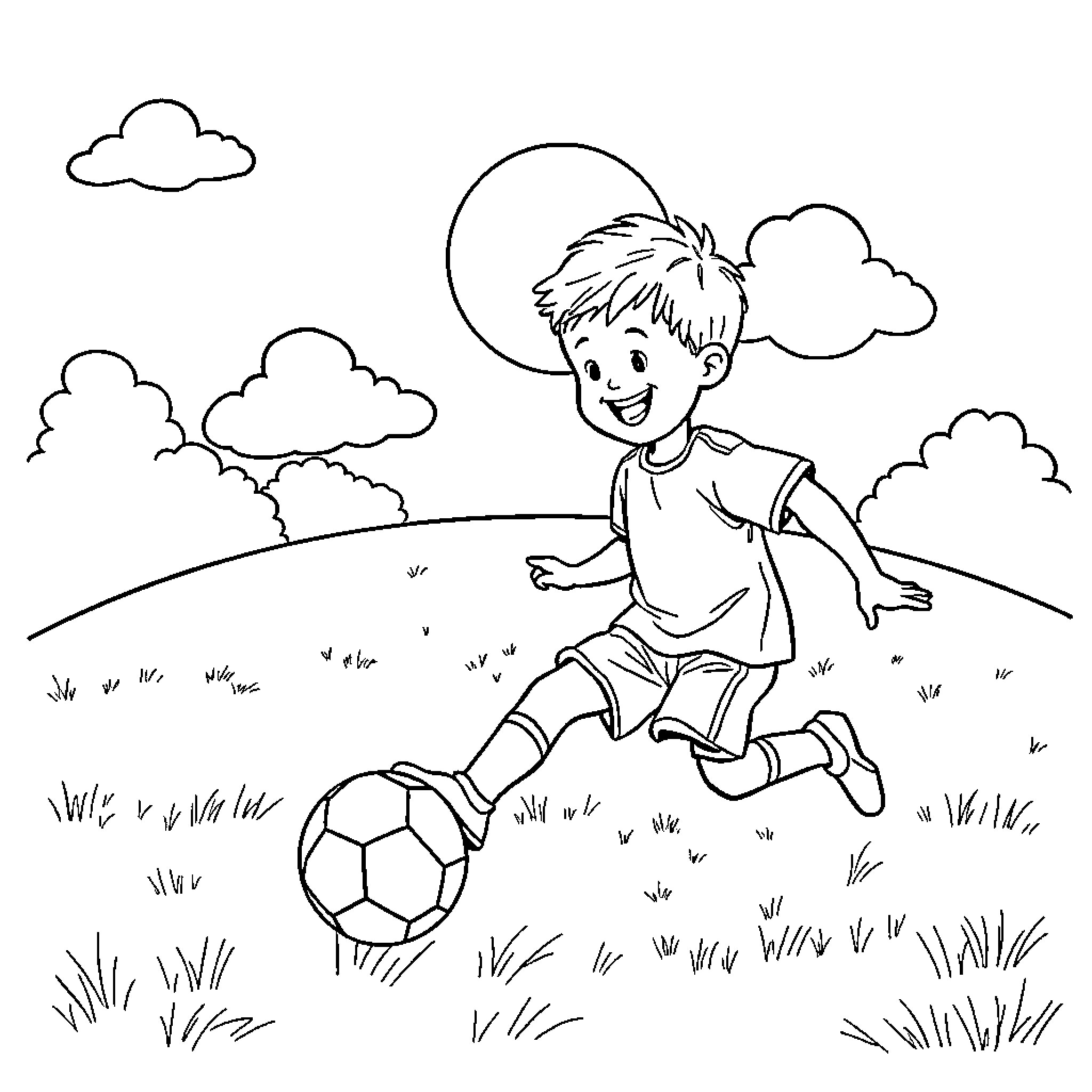 Child playing with soccer ball in the park Coloring Page (free black-and-white line drawing printable PDF for all, from beginners to advanced learners, including children, teens, adults, and seniors)