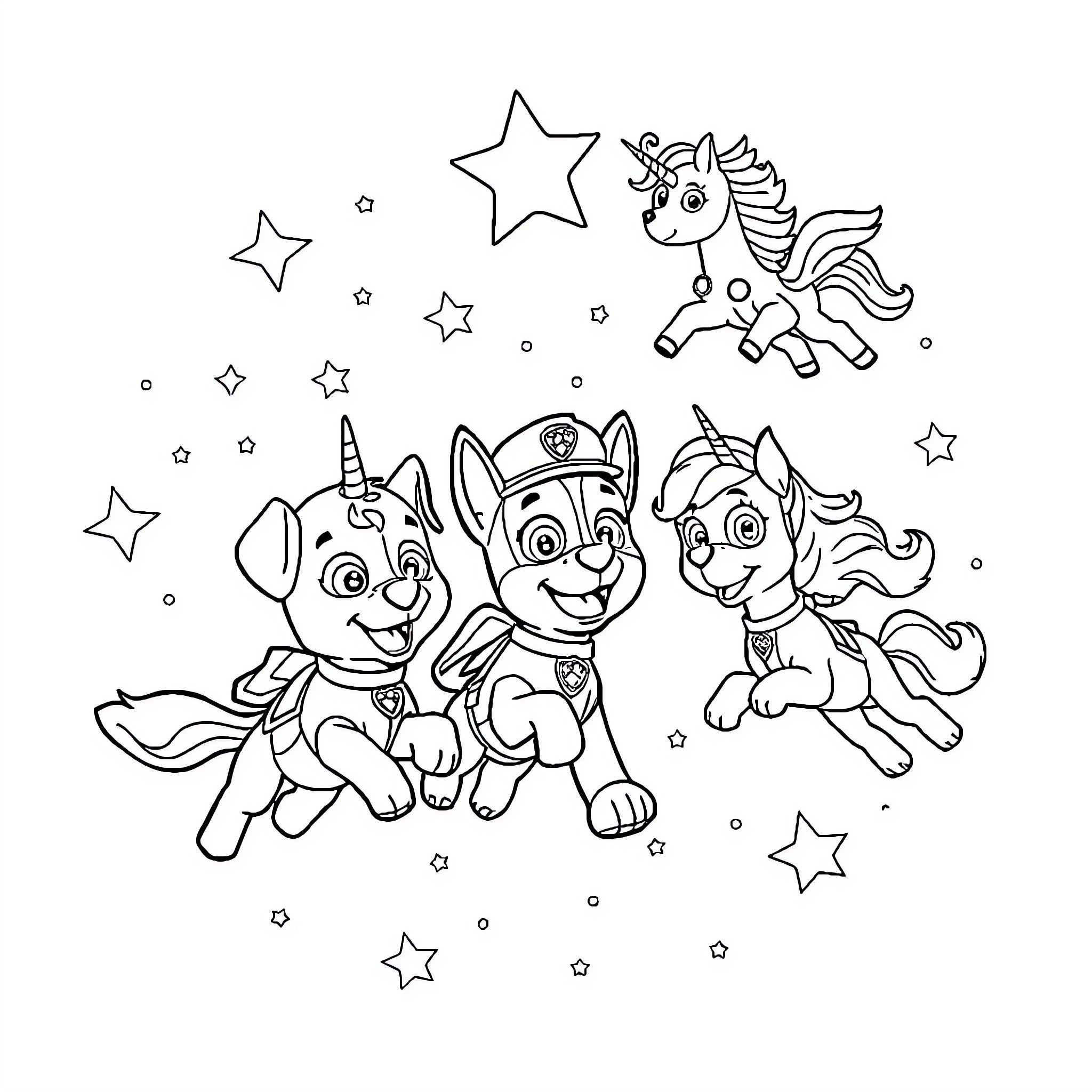 Paw Patrol playing with unicorn and stars Coloring Page (free black-and-white line drawing printable PDF for all, from beginners to advanced learners, including children, teens, adults, and seniors)