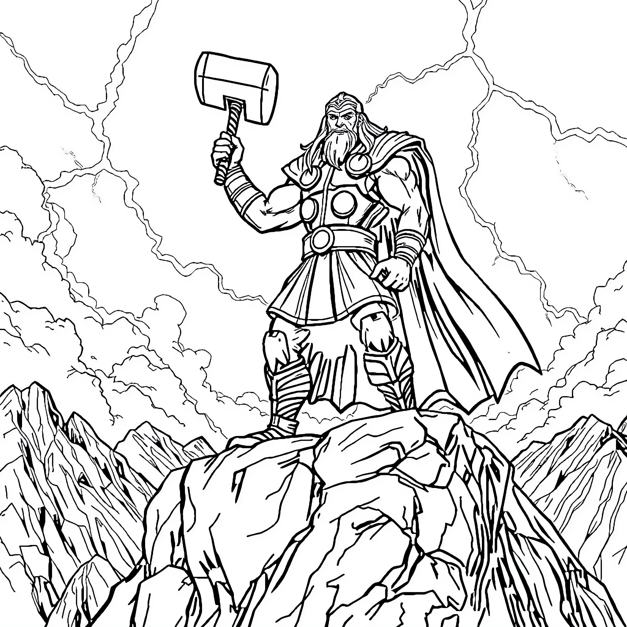 Thor wielding a mighty hammer amidst a stormy landscape Coloring Page (free black-and-white line drawing printable PDF for all, from beginners to advanced learners, including children, teens, adults, and seniors)