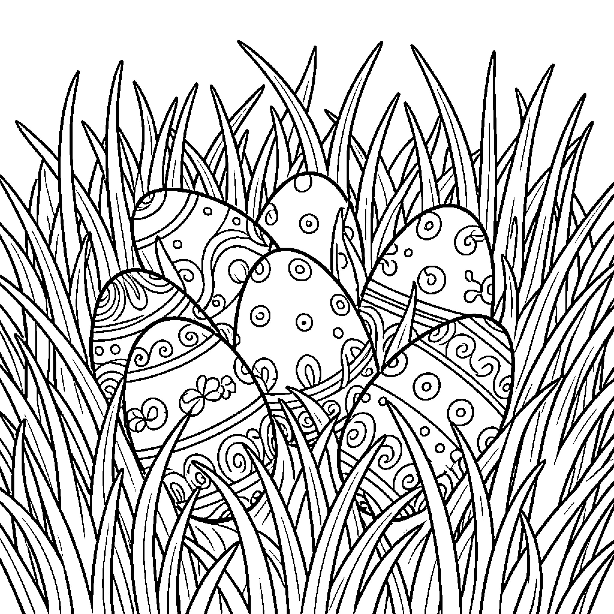 Easter Egg Designs Amid the Grass Coloring Page (free black-and-white line drawing printable PDF for all, from beginners to advanced learners, including children, teens, adults, and seniors)