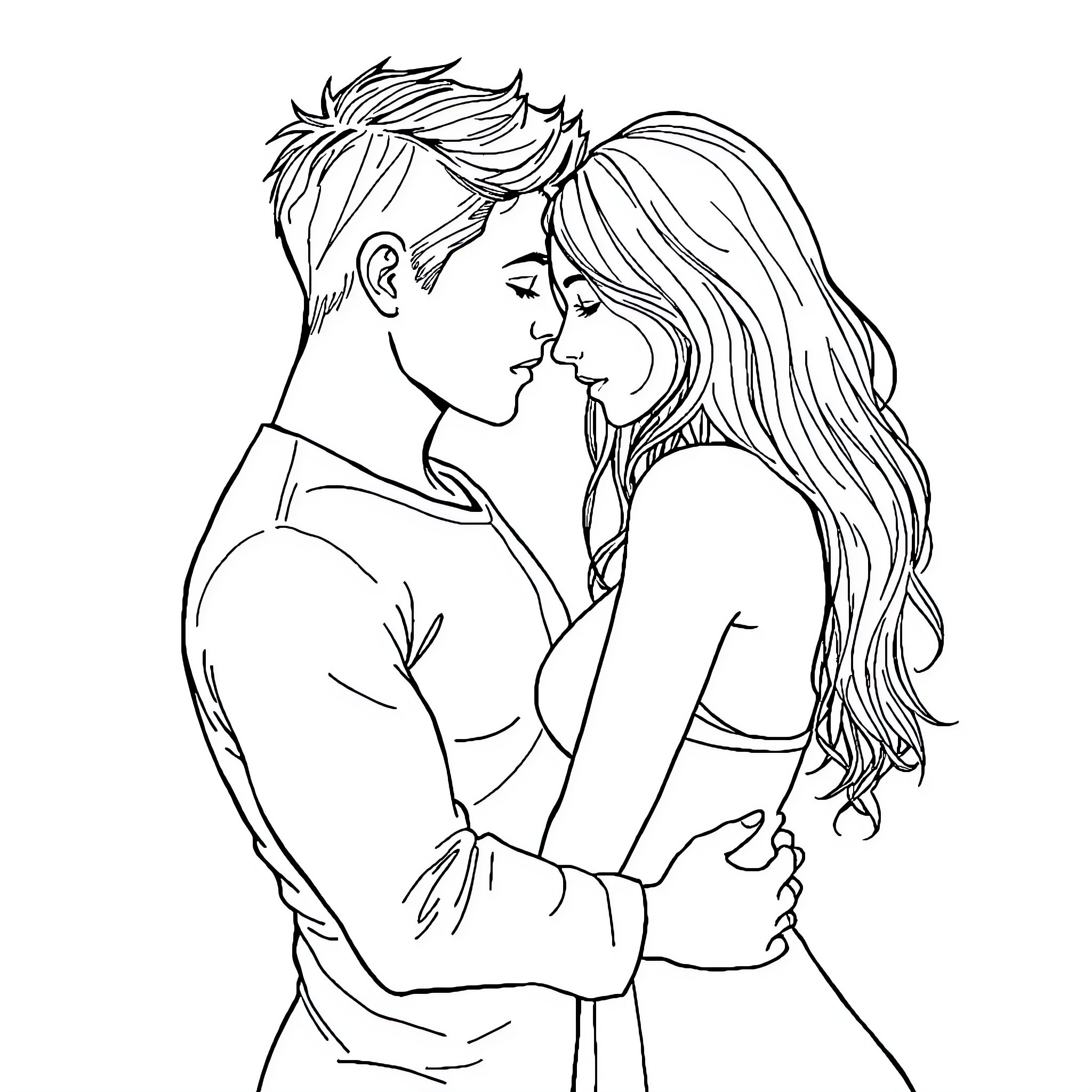 Couple in romantic embrace Coloring Page (free black-and-white line drawing printable PDF for all, from beginners to advanced learners, including children, teens, adults, and seniors)