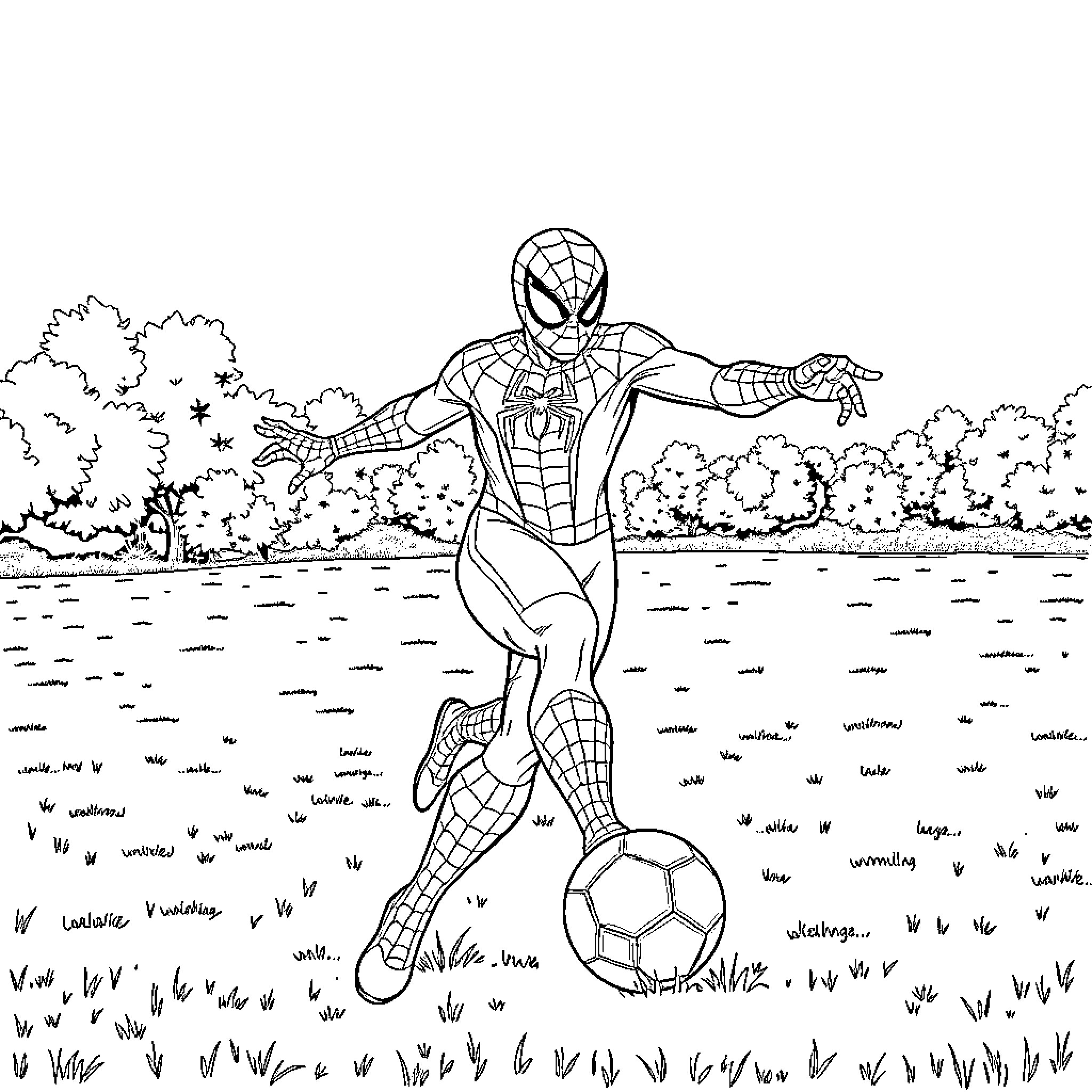 Spiderman playing with a soccer ball in the park Coloring Page (free black-and-white line drawing printable PDF for all, from beginners to advanced learners, including children, teens, adults, and seniors)