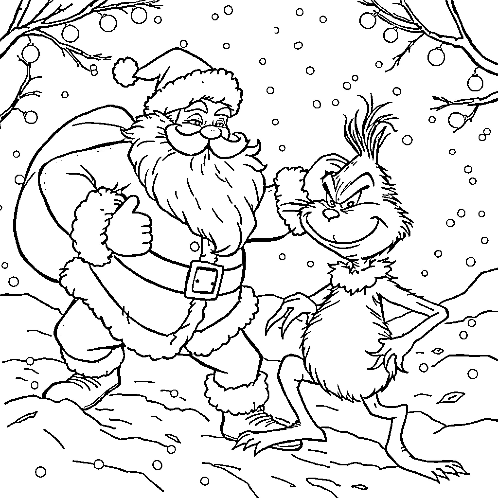 Santa Claus and a furry friend enjoying the winter wonderland Coloring Page (free black-and-white line drawing printable PDF for all, from beginners to advanced learners, including children, teens, adults, and seniors)