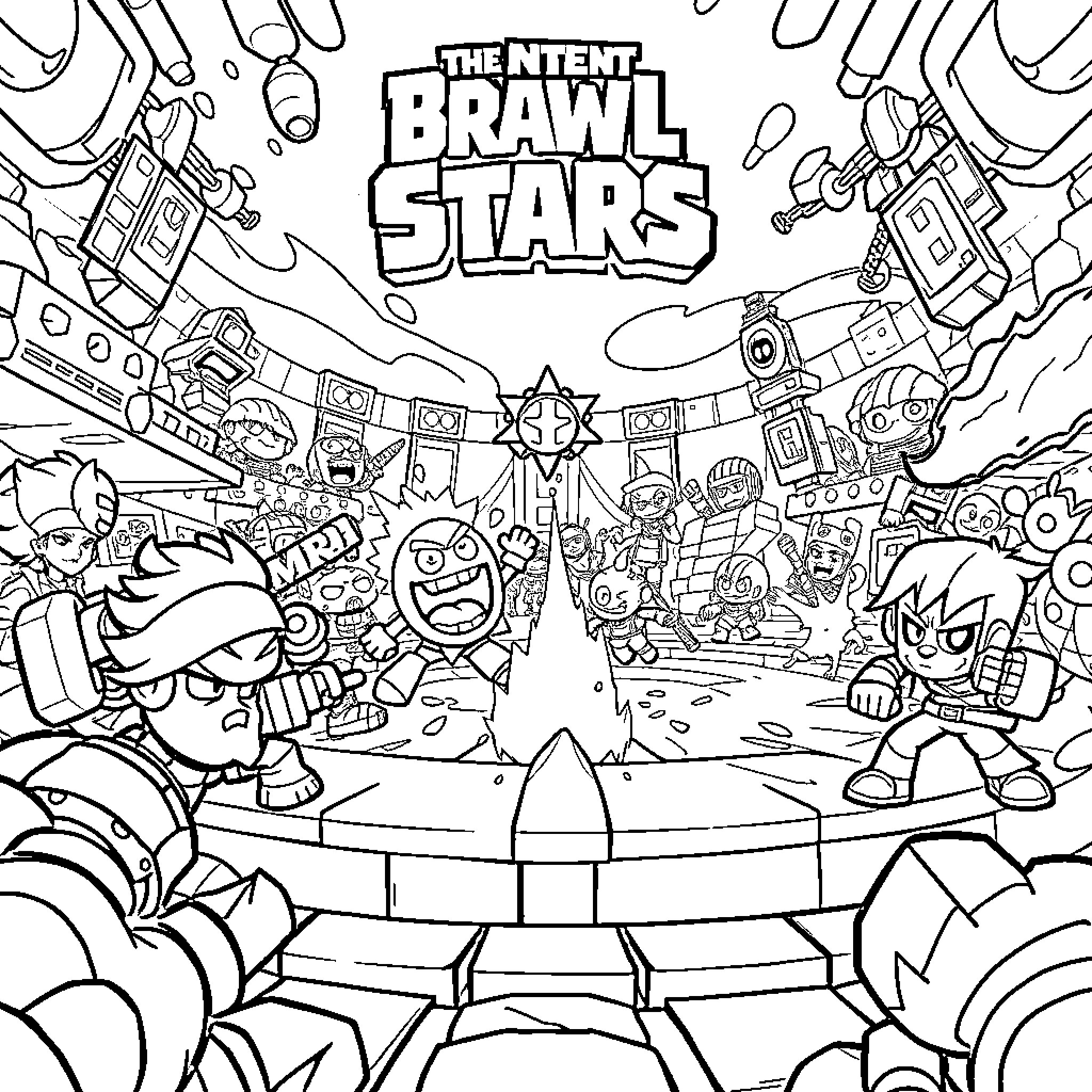 Brawl Stars Characters in Action-Packed Battle Scene Coloring Page (free black-and-white line drawing printable PDF for all, from beginners to advanced learners, including children, teens, adults, and seniors)
