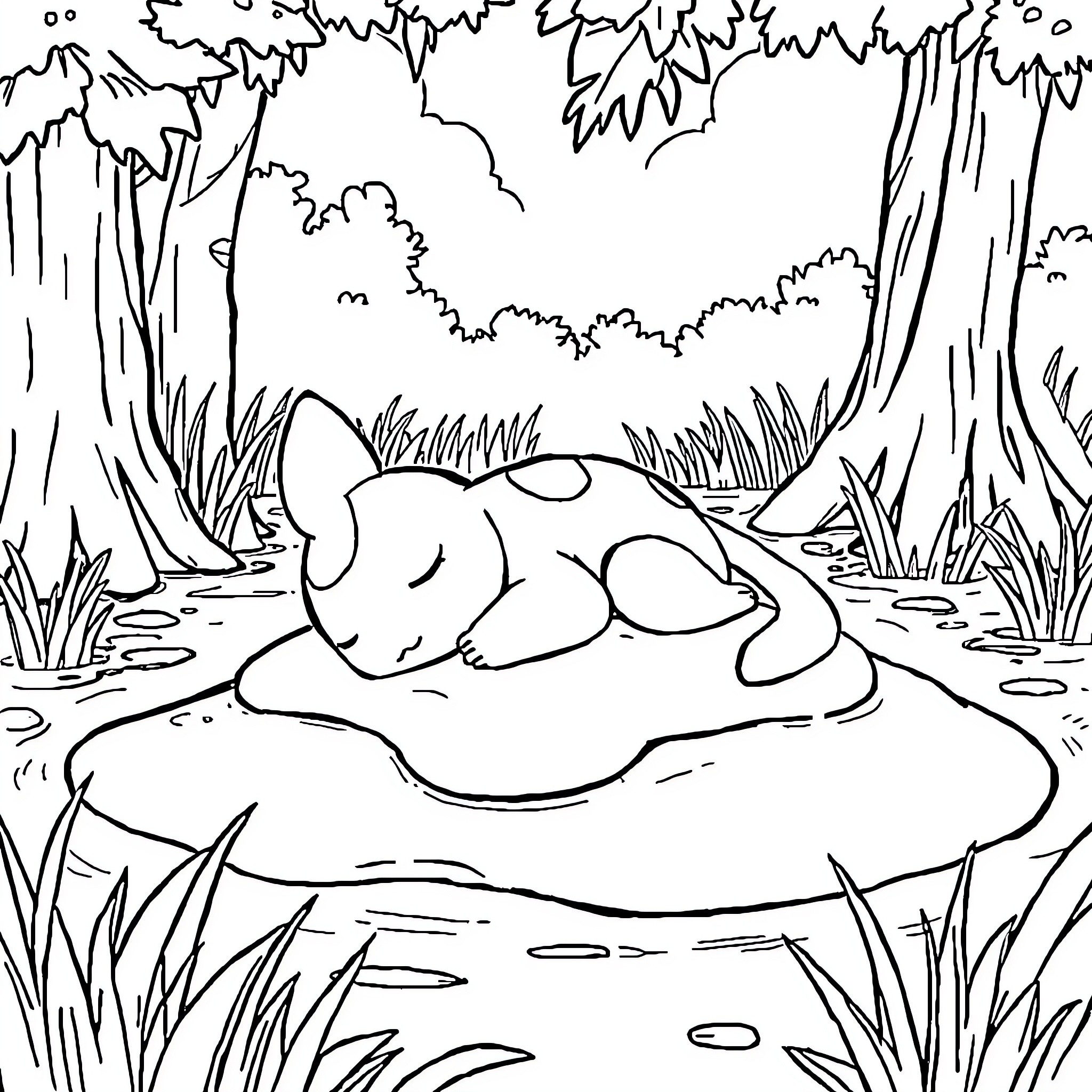 Mudkip relaxing in a serene forest landscape Coloring Page (free black-and-white line drawing printable PDF for all, from beginners to advanced learners, including children, teens, adults, and seniors)