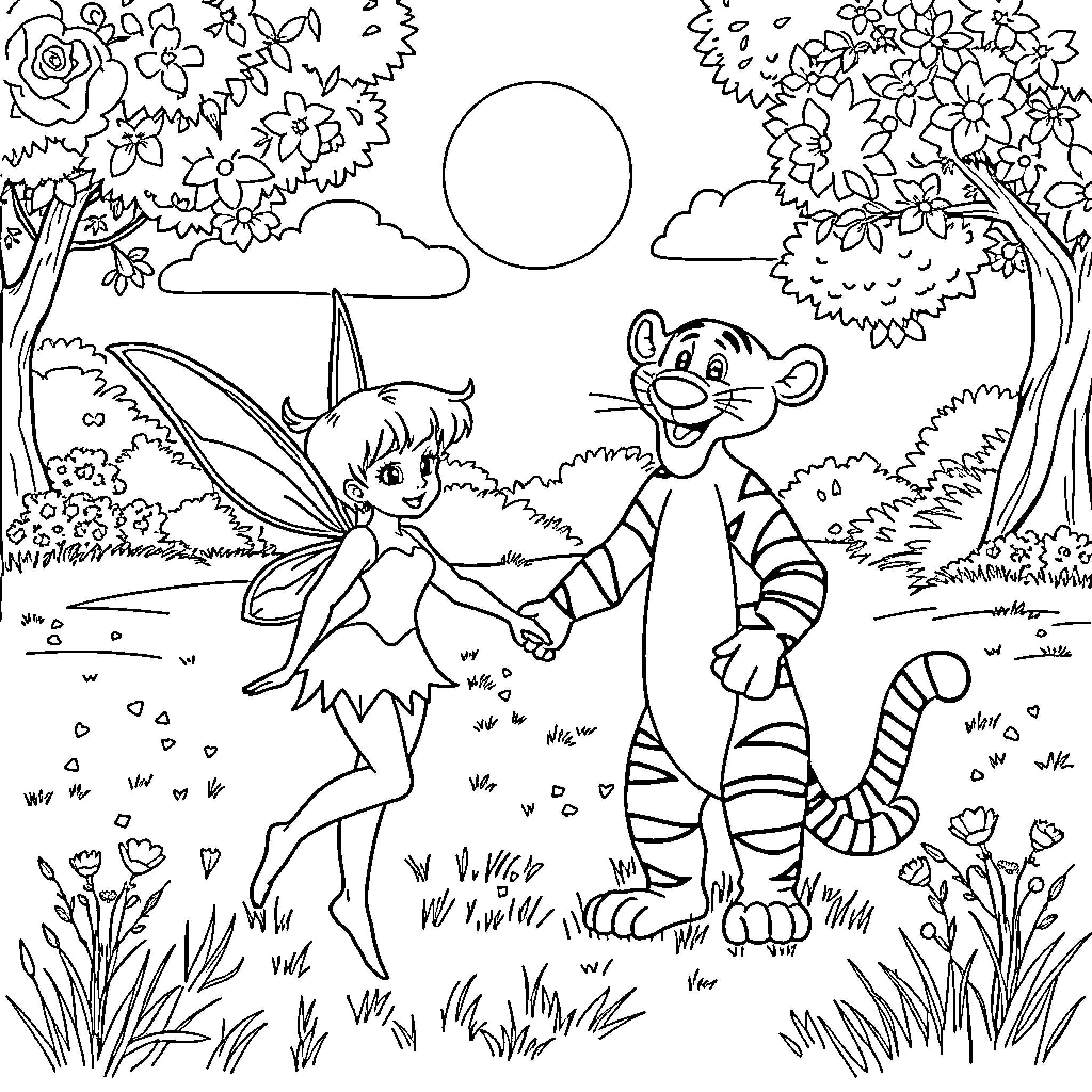 Tinkerbell and Tigger explore the magical forest Coloring Page (free black-and-white line drawing printable PDF for all, from beginners to advanced learners, including children, teens, adults, and seniors)
