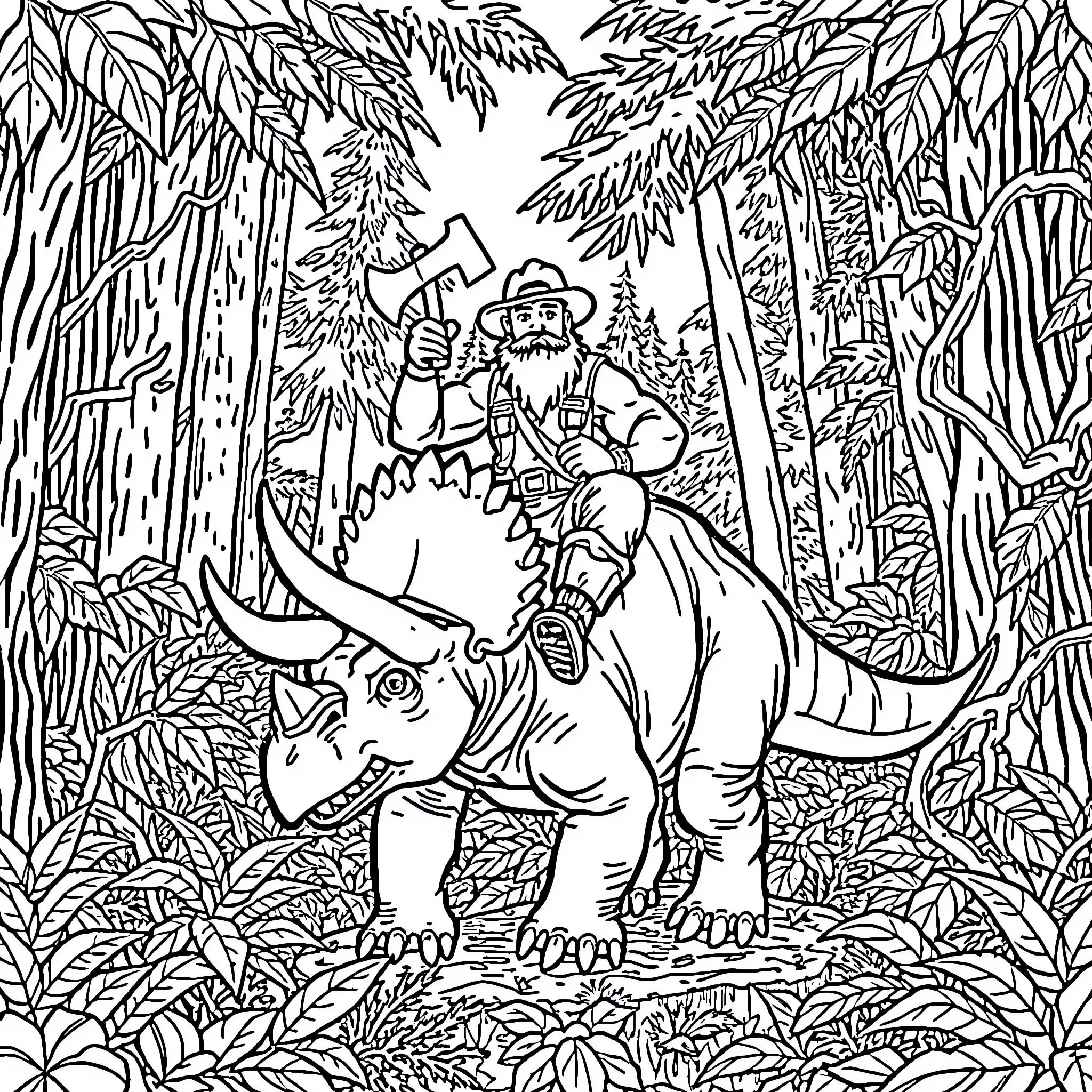 Lumberjack riding a ferocious rhinoceros in the dense forest Coloring Page (free black-and-white line drawing printable PDF for all, from beginners to advanced learners, including children, teens, adults, and seniors)