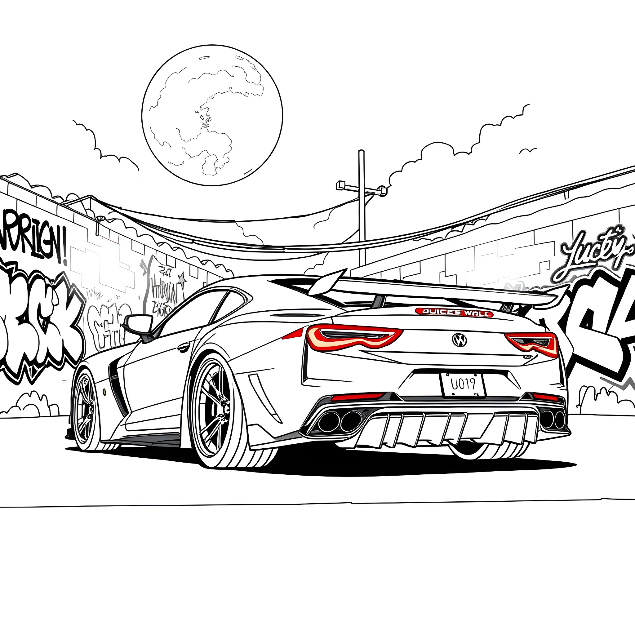 Car speeding through urban graffiti-covered street Coloring Page (free black-and-white line drawing printable PDF for all, from beginners to advanced learners, including children, teens, adults, and seniors)