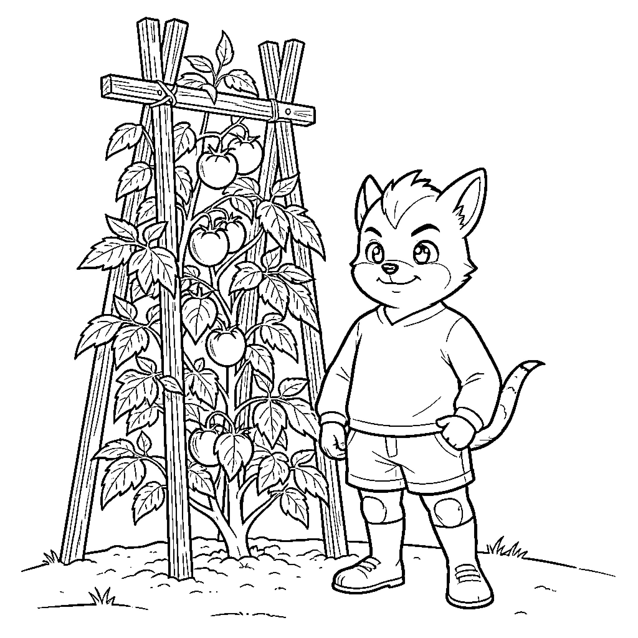 Huntrix smiling cat standing next to tomato plants Coloring Page (free black-and-white line drawing printable PDF for all, from beginners to advanced learners, including children, teens, adults, and seniors)