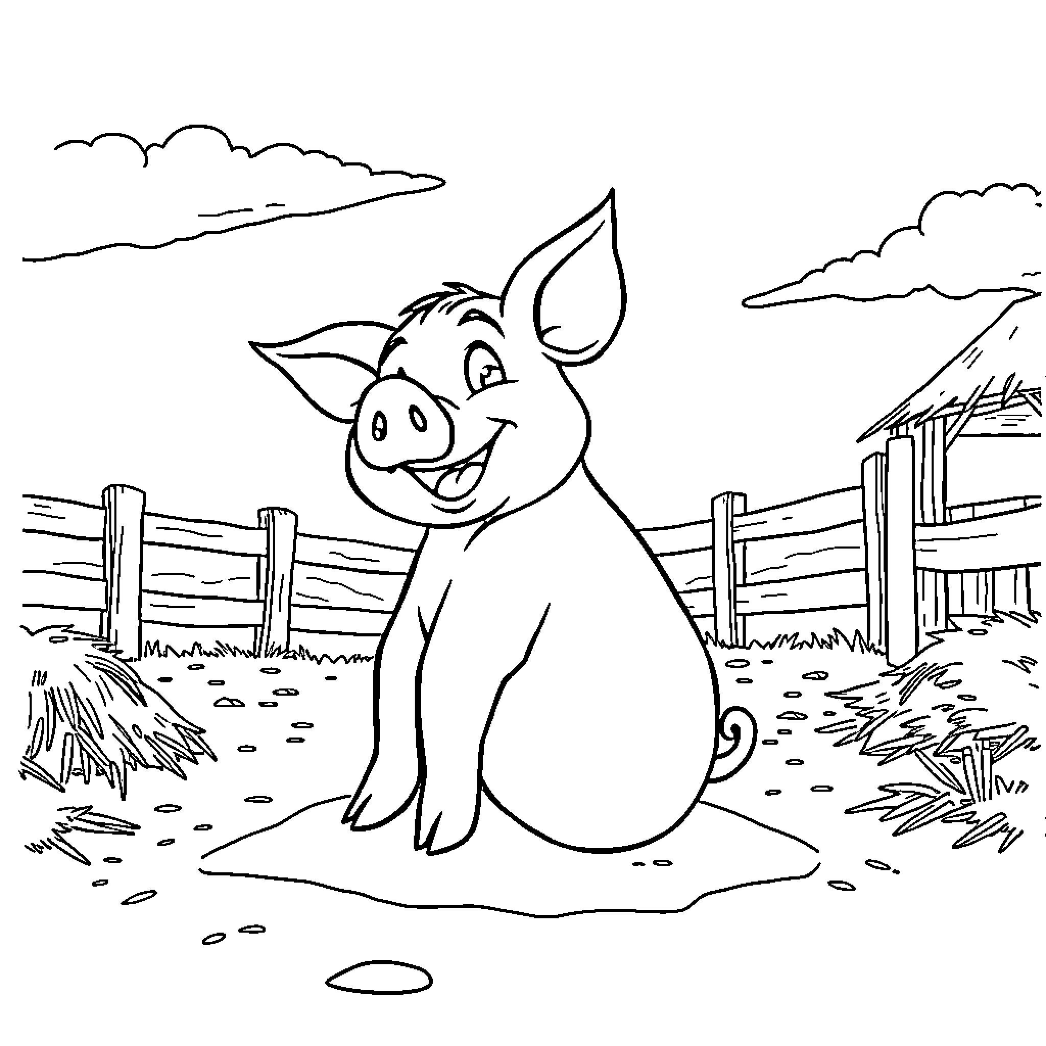Pig enjoying a sunny day on the farm Coloring Page (free black-and-white line drawing printable PDF for all, from beginners to advanced learners, including children, teens, adults, and seniors)