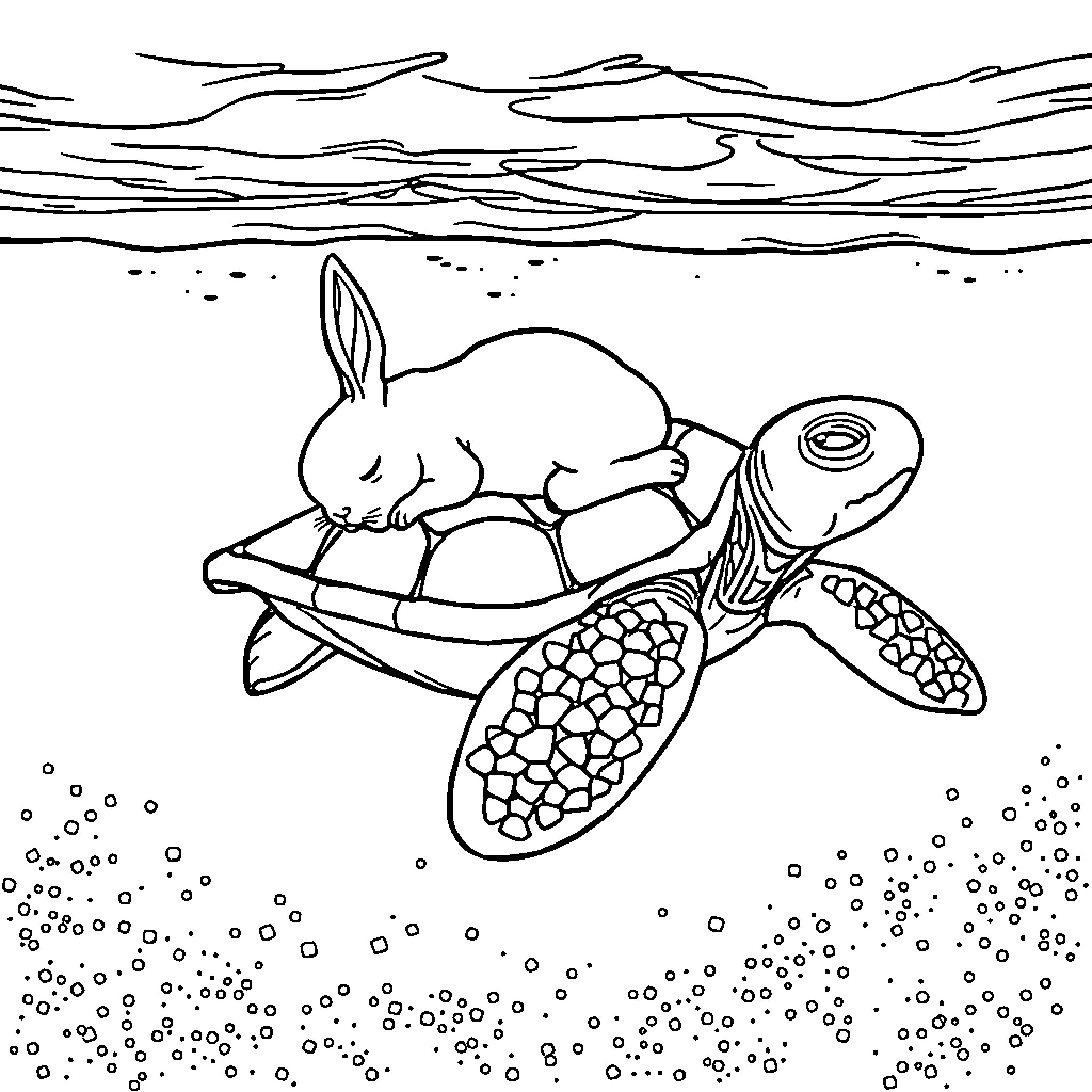 Rabbit riding on the back of a sea turtle Coloring Page (free black-and-white line drawing printable PDF for all, from beginners to advanced learners, including children, teens, adults, and seniors)
