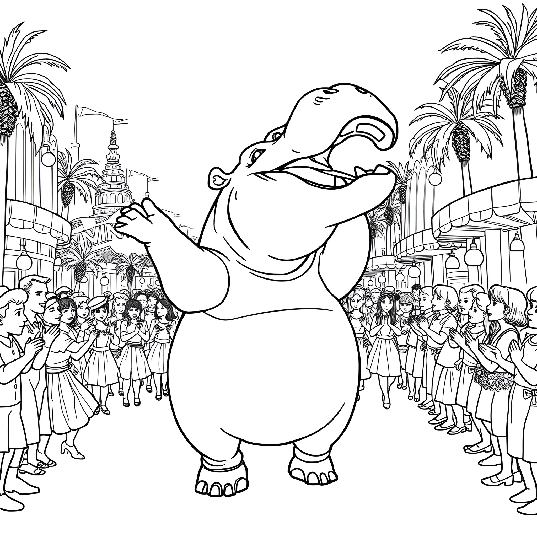 Hippopotamus enjoying a parade with dancers and palm trees Coloring Page (free black-and-white line drawing printable PDF for all, from beginners to advanced learners, including children, teens, adults, and seniors)
