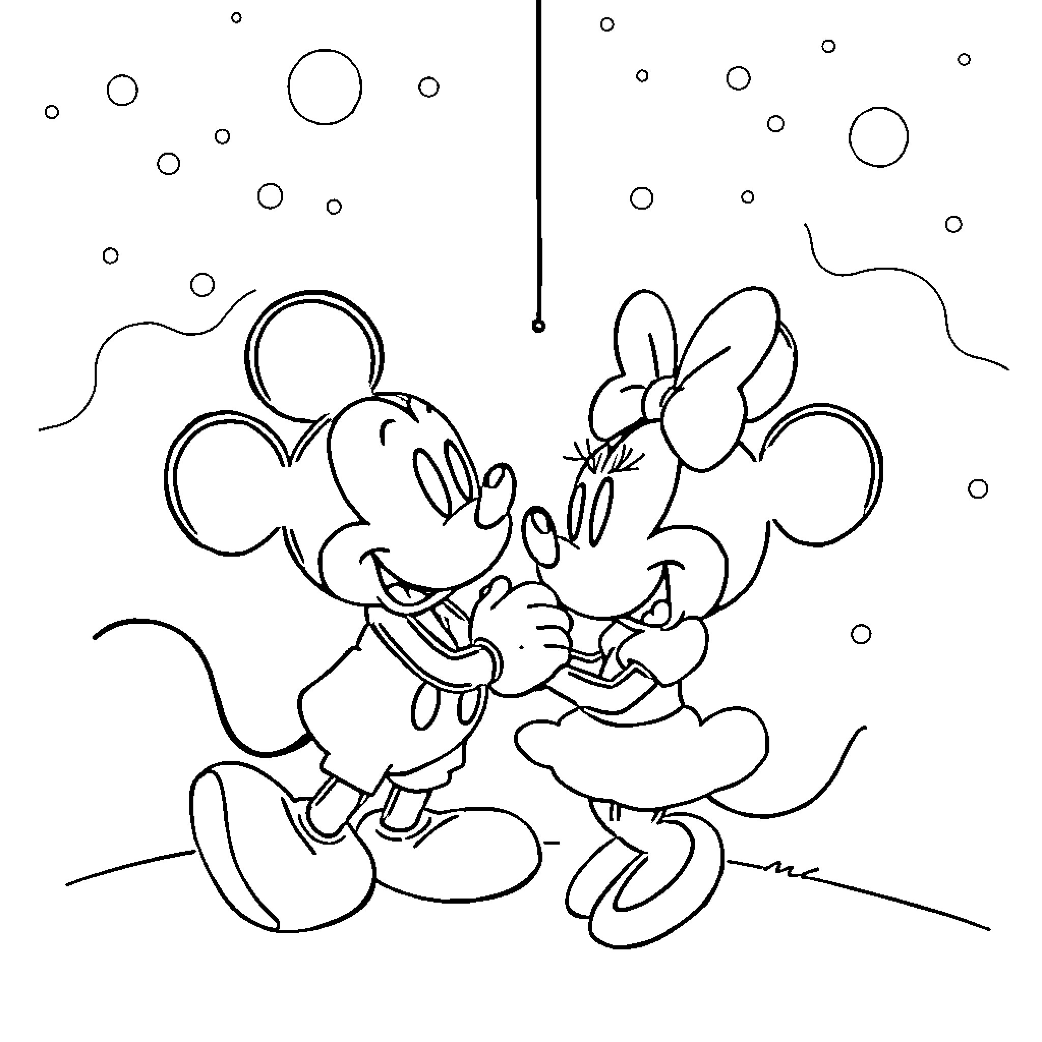 Mickey and Minnie dancing together in the snow Coloring Page (free black-and-white line drawing printable PDF for all, from beginners to advanced learners, including children, teens, adults, and seniors)