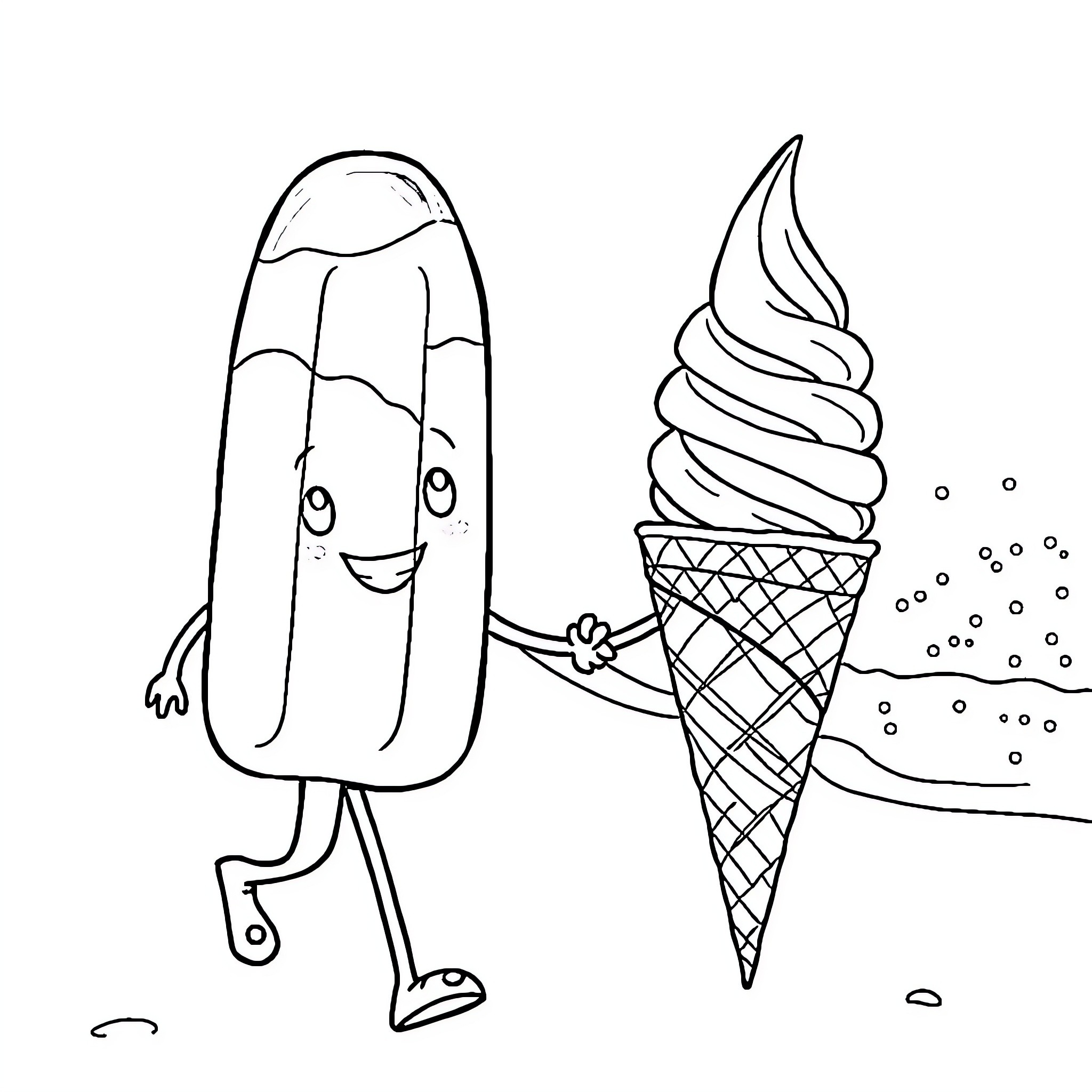 Popsicle friends enjoying a summer day Coloring Page (free black-and-white line drawing printable PDF for all, from beginners to advanced learners, including children, teens, adults, and seniors)