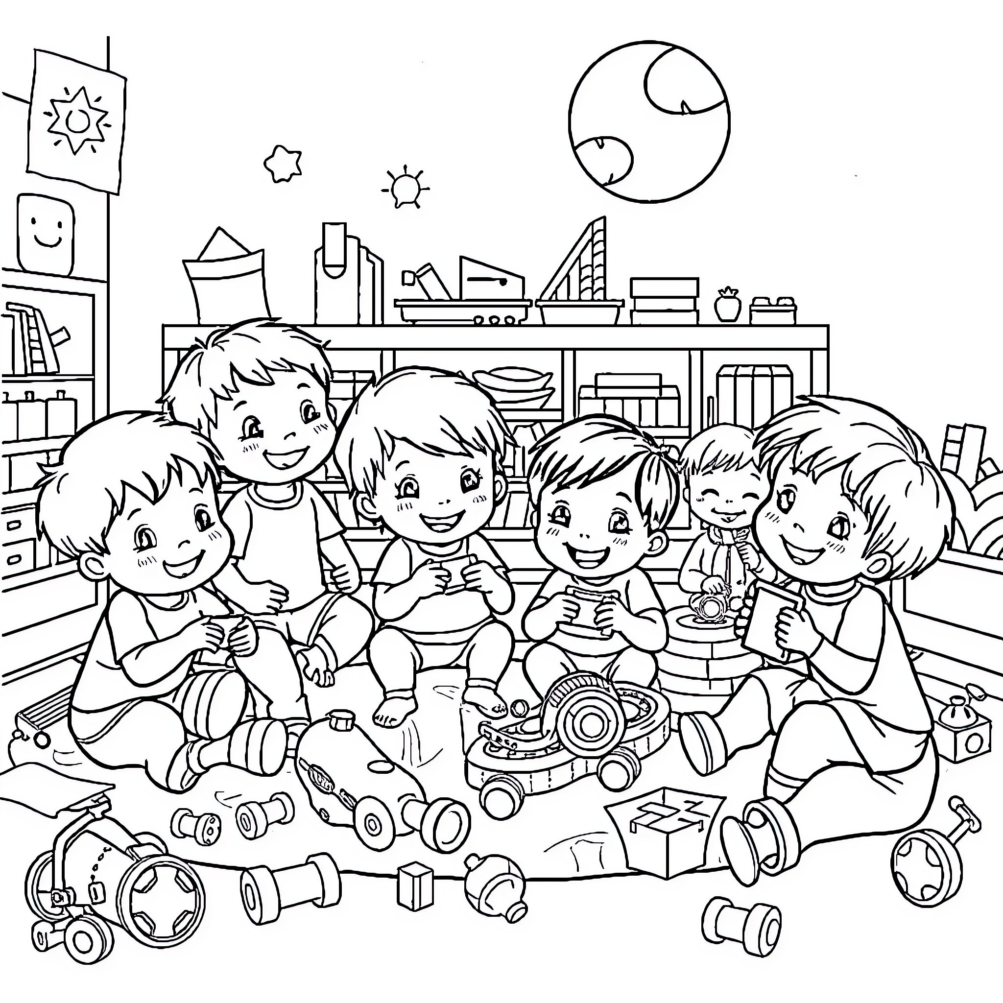 Kindergarten students engaged in playful activities Coloring Page (free black-and-white line drawing printable PDF for all, from beginners to advanced learners, including children, teens, adults, and seniors)