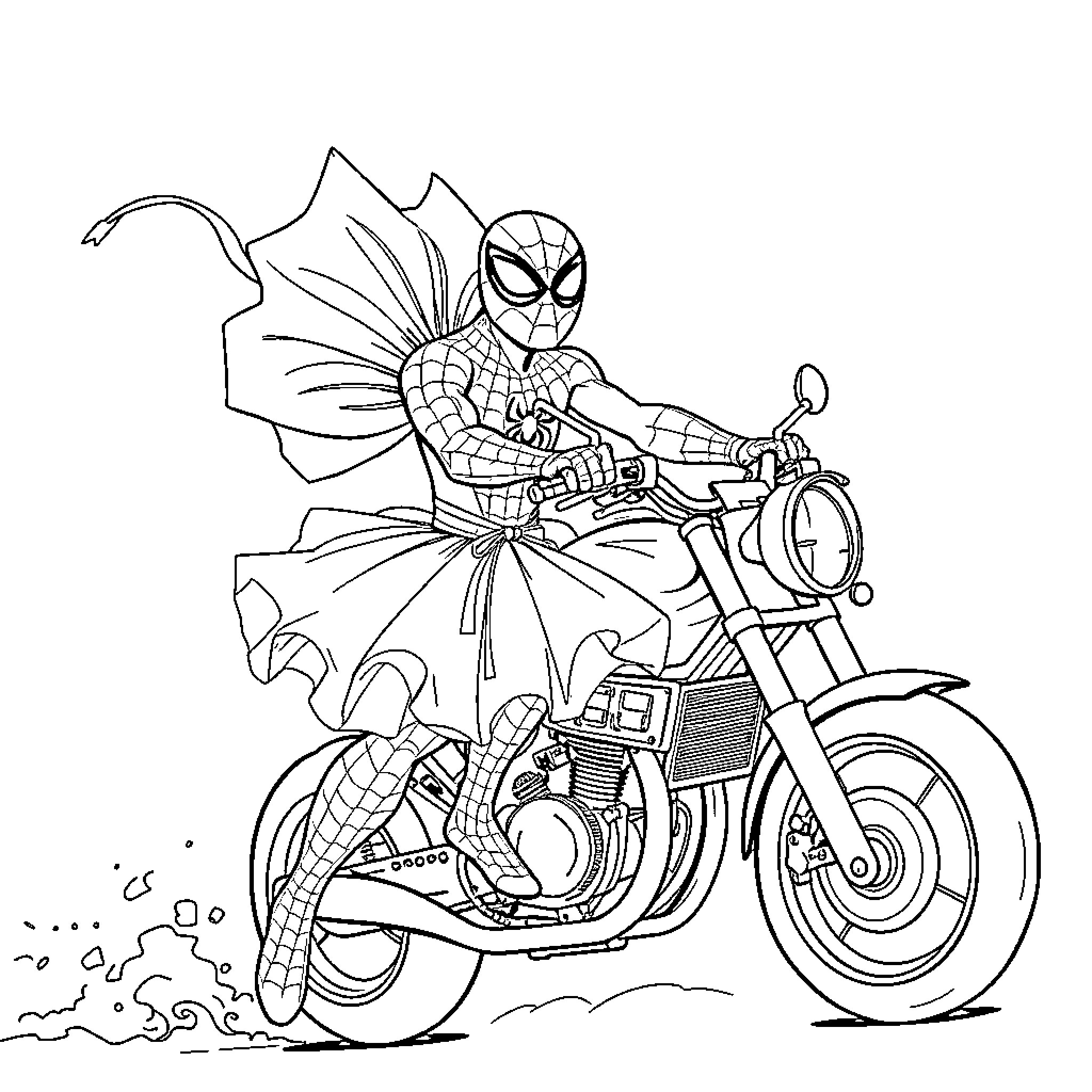 Spiderman wearing a tutu riding a motorcycle Coloring Page (free black-and-white line drawing printable PDF for all, from beginners to advanced learners, including children, teens, adults, and seniors)